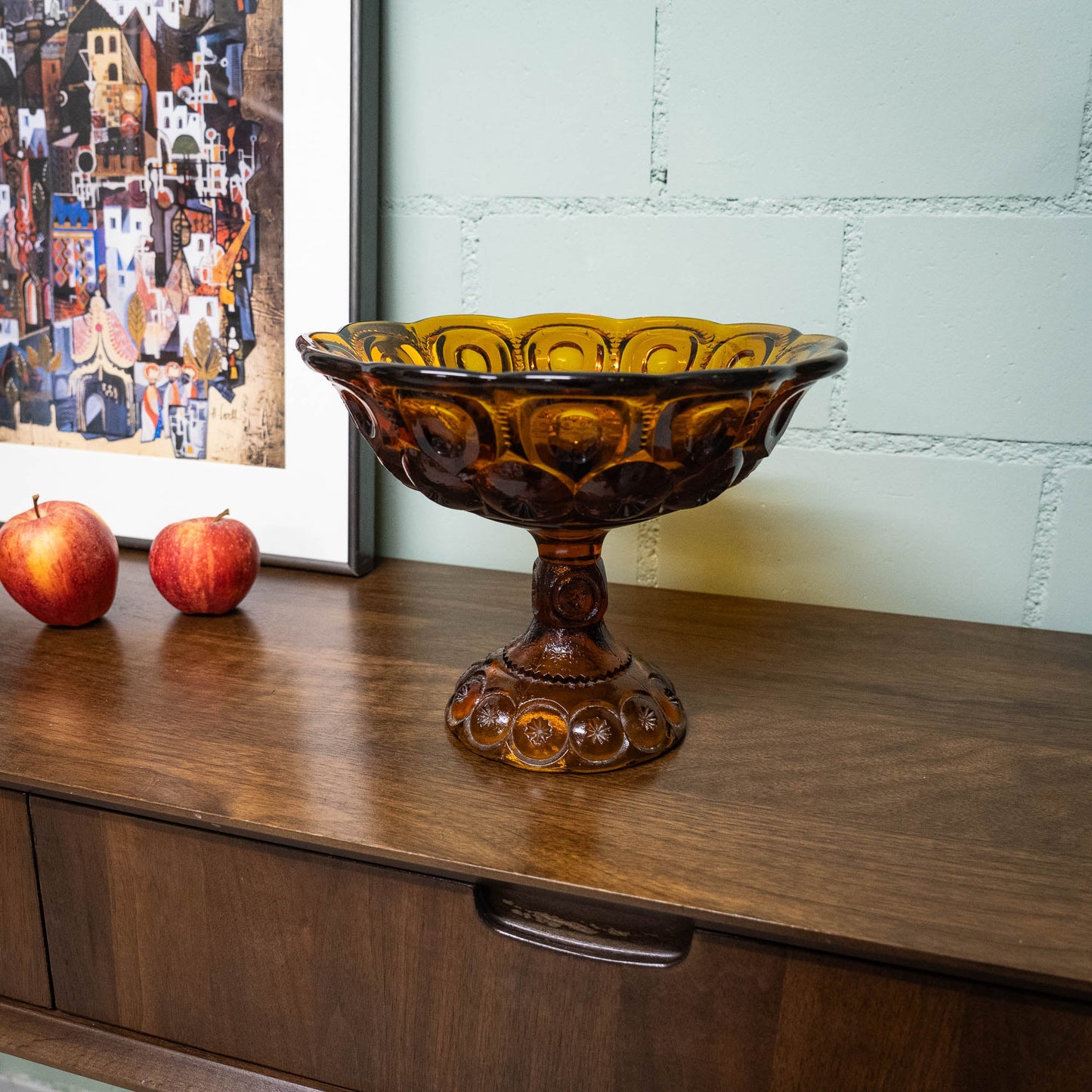 Amber Glass Moon & Stars Pedestal Bowl - LE Smith - c1960s - Pedestal Bowl - The Vintage Tales