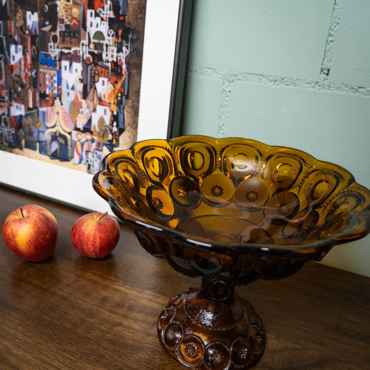 Amber Glass Moon & Stars Pedestal Bowl - LE Smith - c1960s - Pedestal Bowl - The Vintage Tales