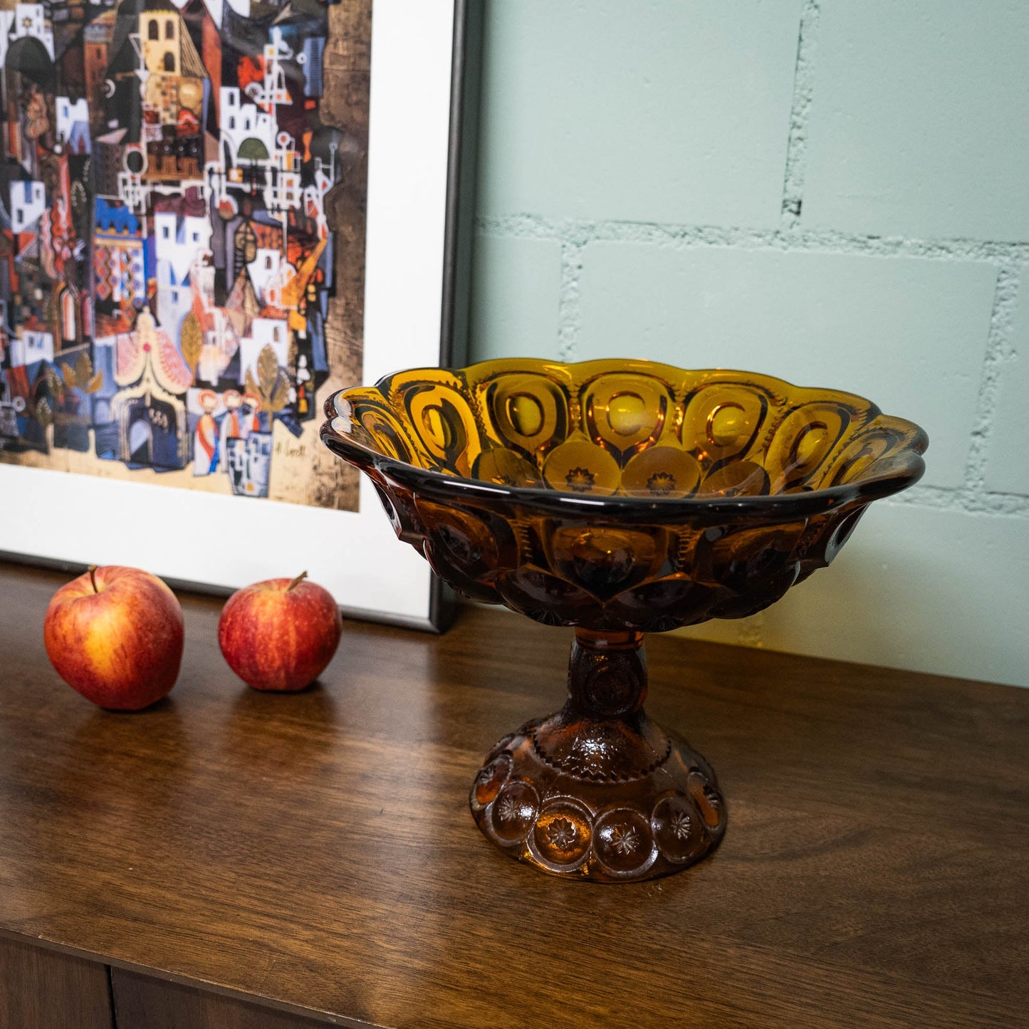 Amber Glass Moon & Stars Pedestal Bowl - LE Smith - c1960s - Pedestal Bowl - The Vintage Tales