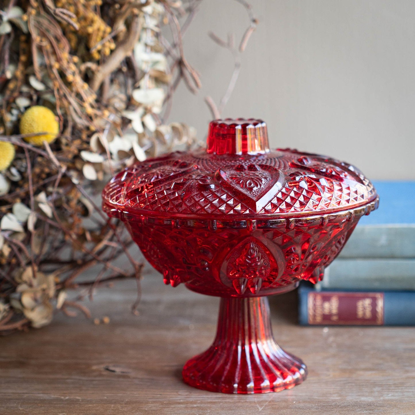 Amberina Footed Glass Bowl with Lid - likely Imperial Glass - 1960s - The Vintage Tales
