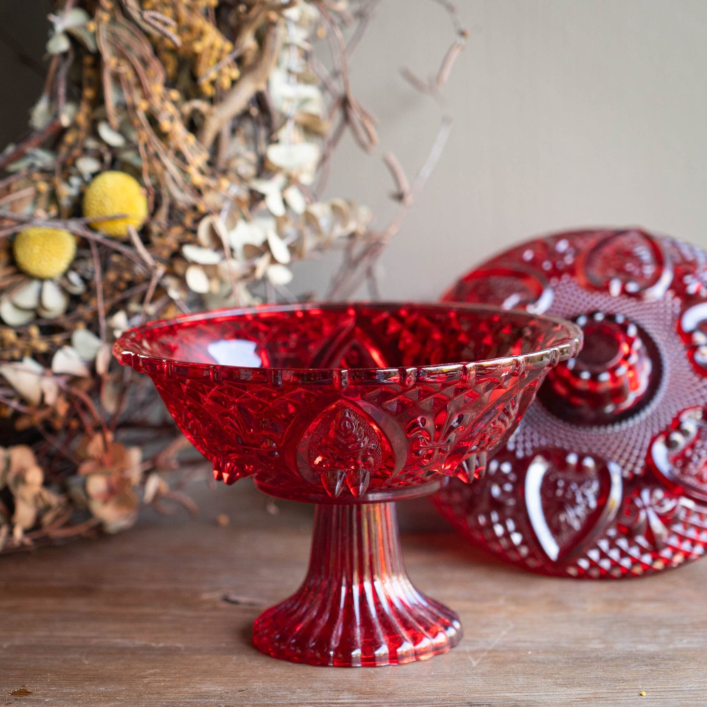 Amberina Footed Glass Bowl with Lid - likely Imperial Glass - 1960s - The Vintage Tales
