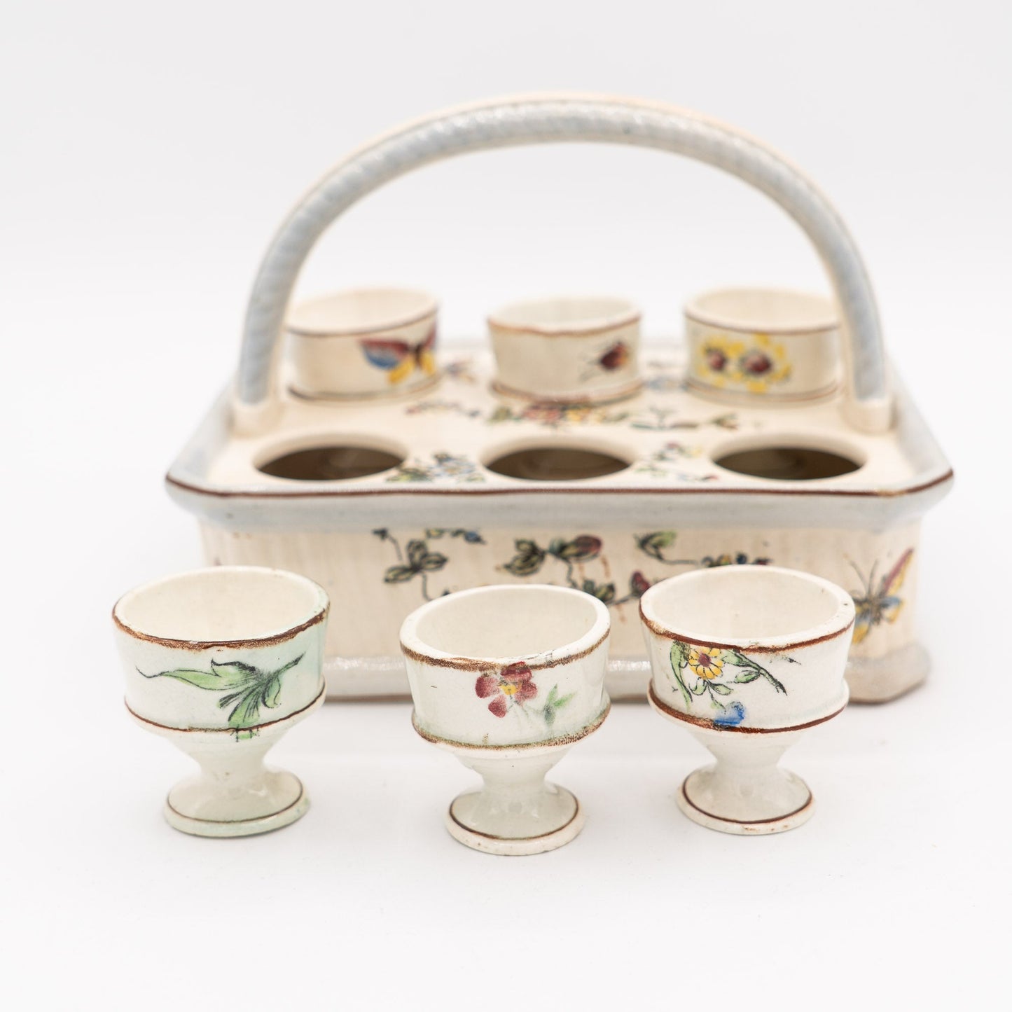 Antique French Egg Carrier with Six Hand - Painted Egg Cups - late 19th Century - Accents & Collectibles - The Vintage Tales