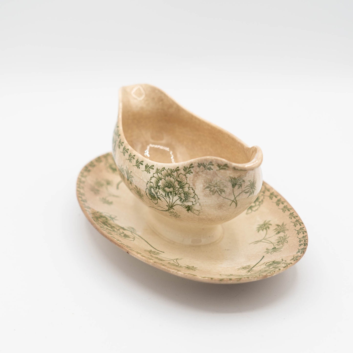 Antique Green Flowery Gravy Boat with Crazing - Sarreguemines - 1900s - The Vintage Tales