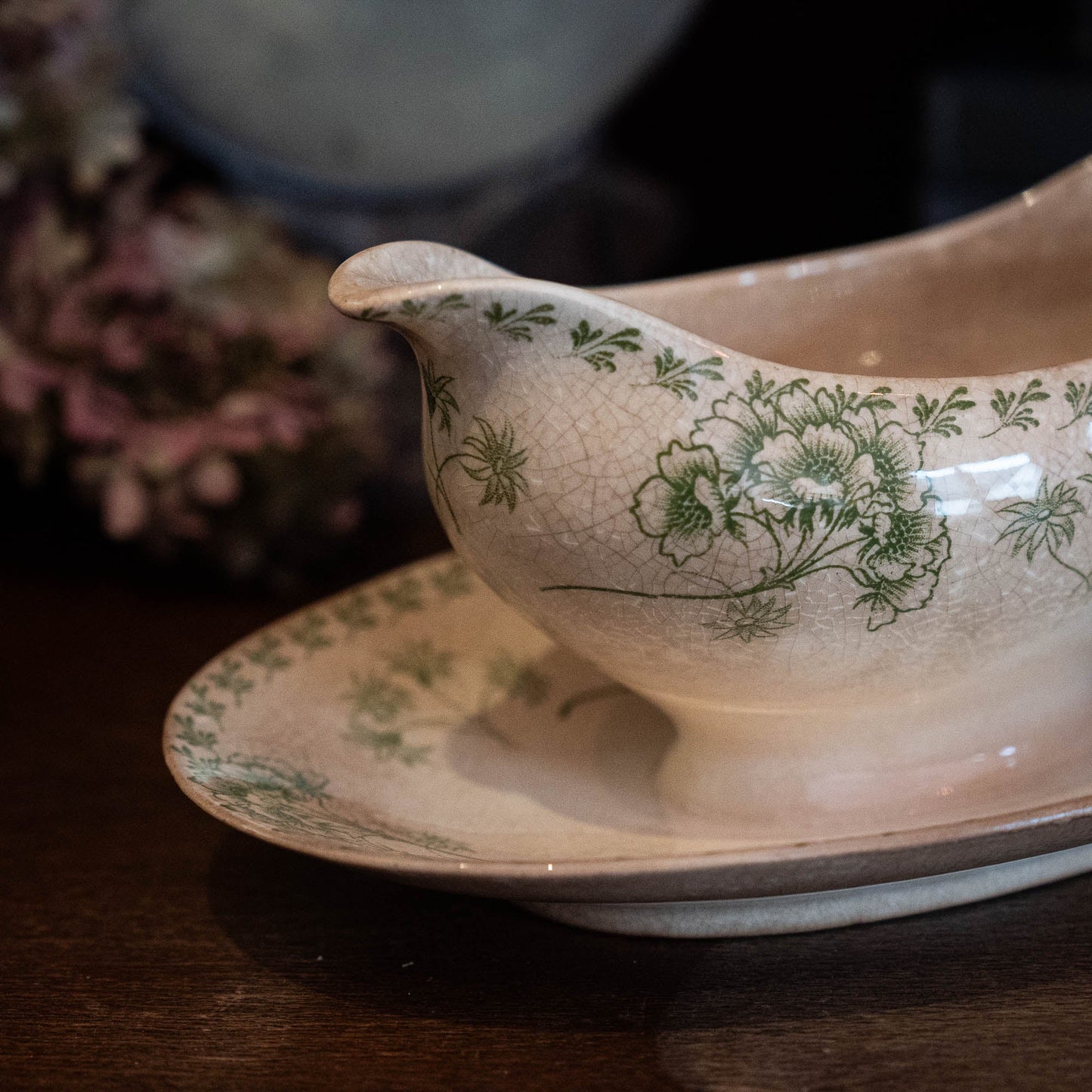 Antique Green Flowery Gravy Boat with Crazing - Sarreguemines - 1900s - The Vintage Tales