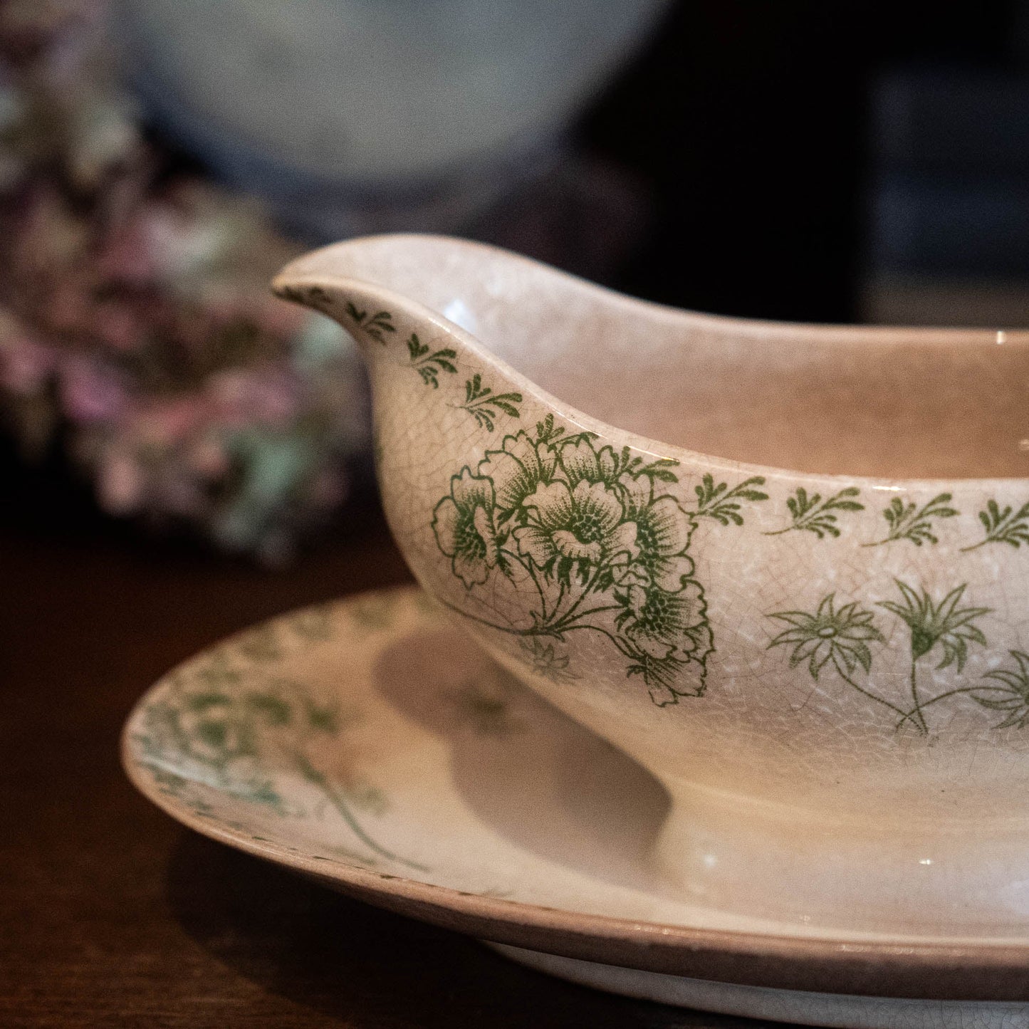 Antique Green Flowery Gravy Boat with Crazing - Sarreguemines - 1900s - The Vintage Tales