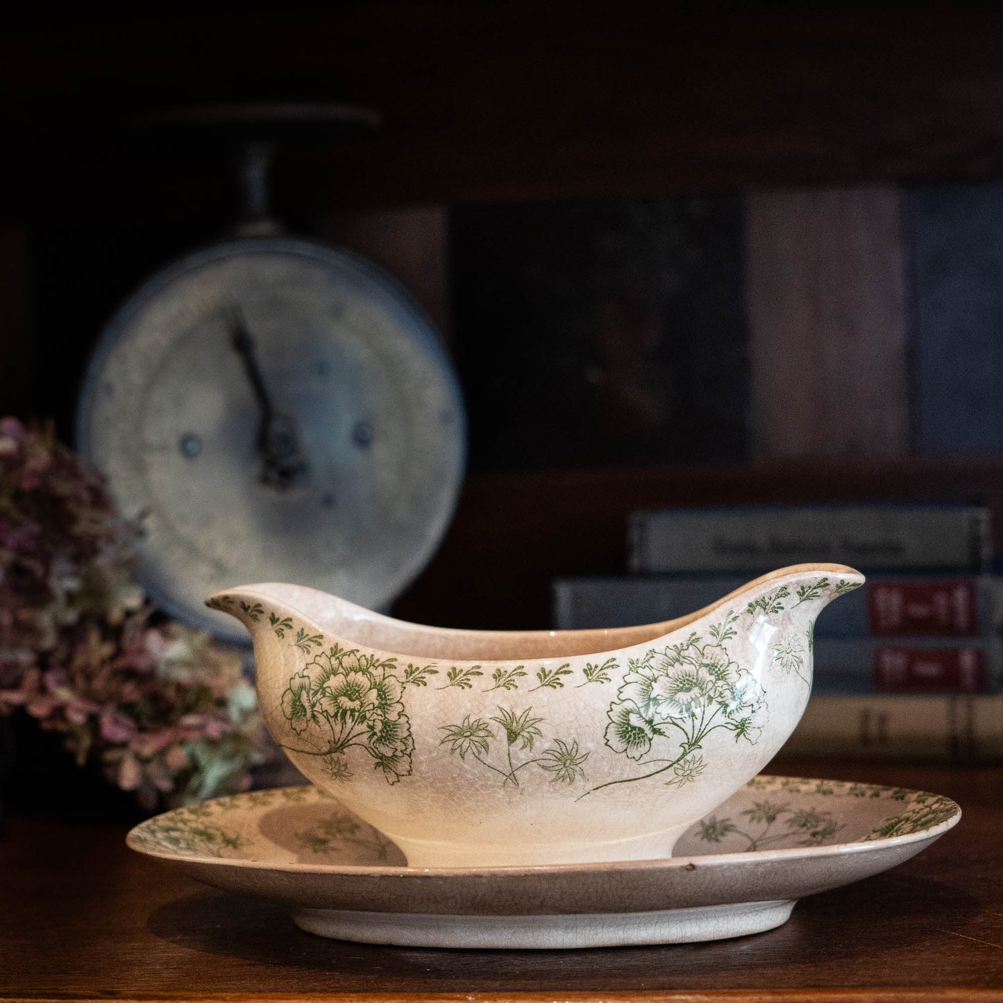 Antique Green Flowery Gravy Boat with Crazing - Sarreguemines - 1900s - The Vintage Tales