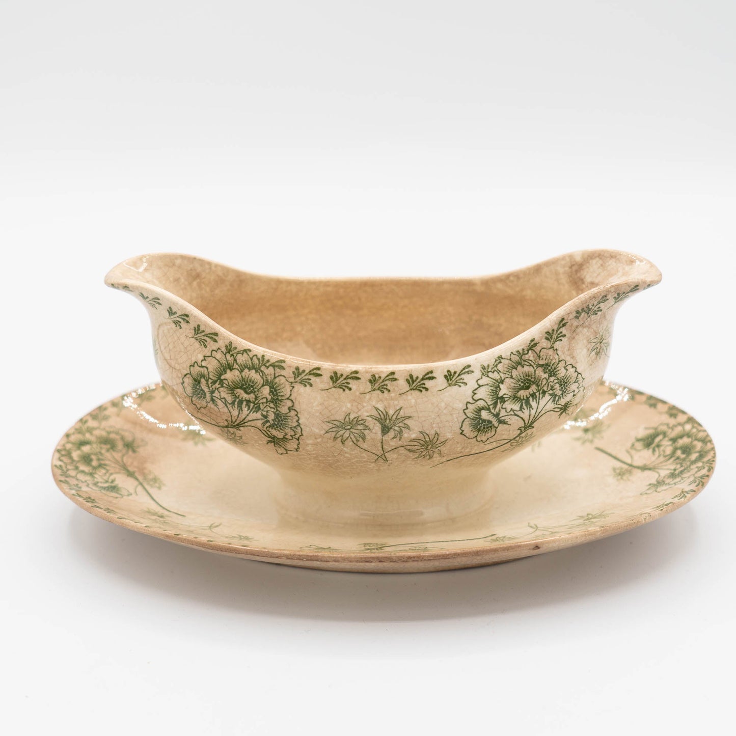 Antique Green Flowery Gravy Boat with Crazing - Sarreguemines - 1900s - The Vintage Tales