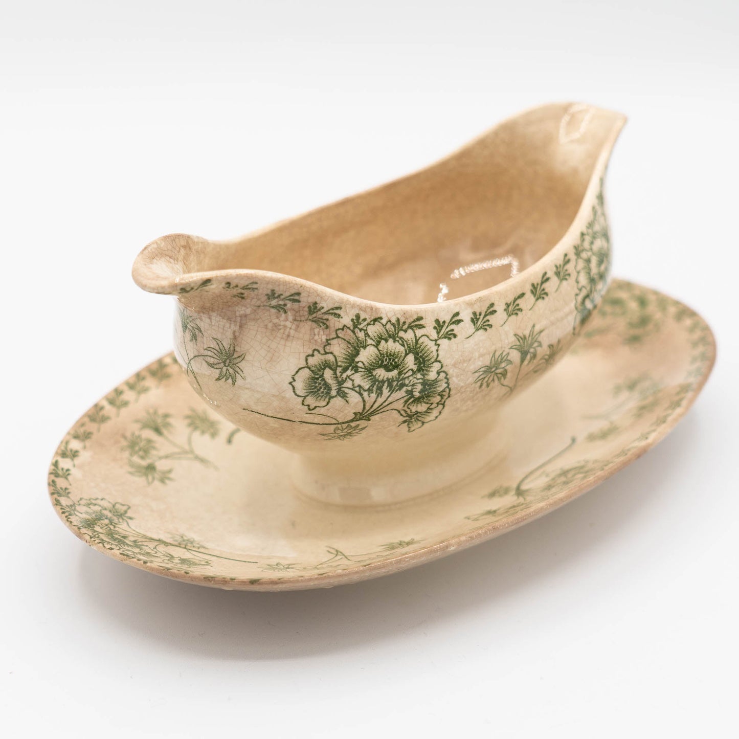 Antique Green Flowery Gravy Boat with Crazing - Sarreguemines - 1900s - The Vintage Tales