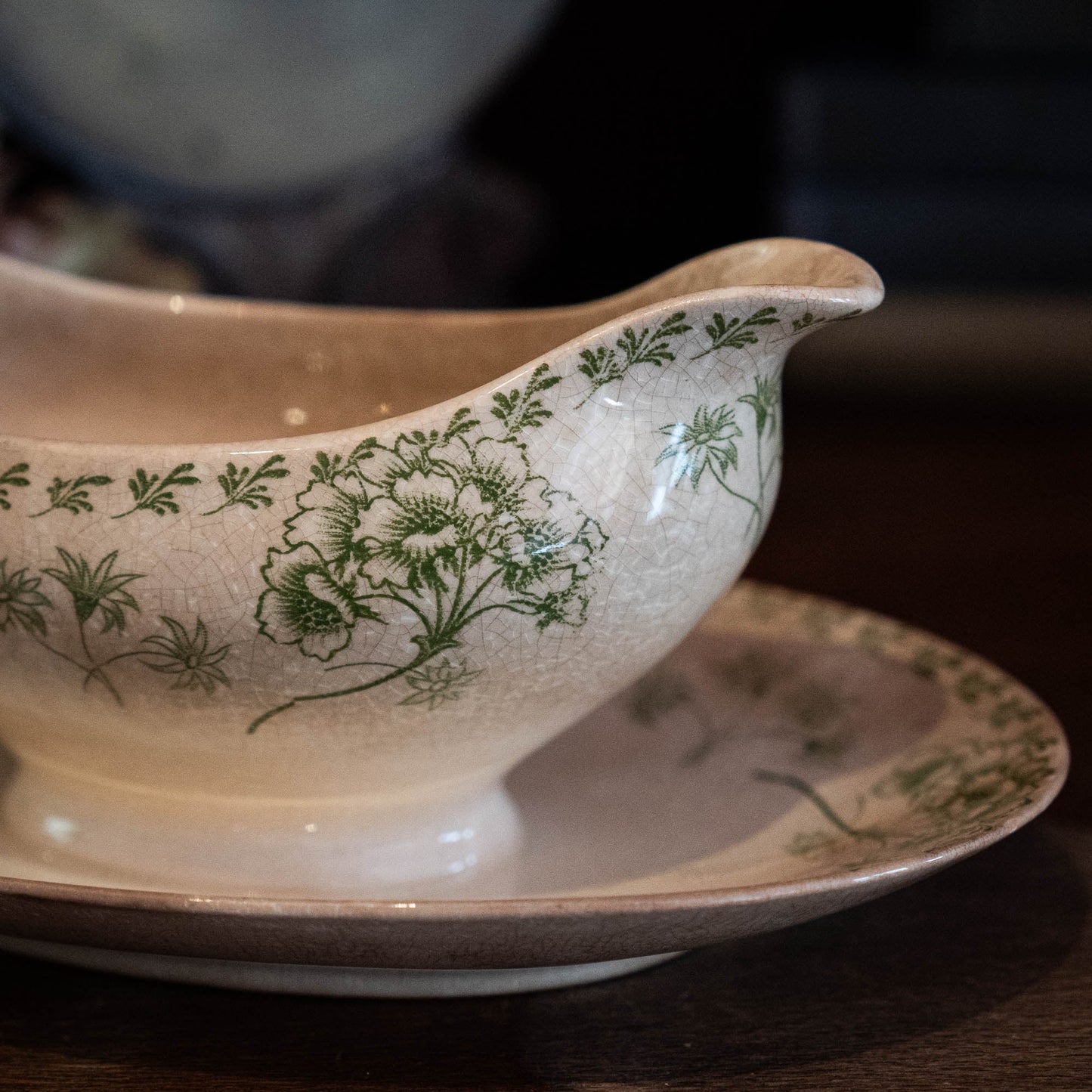 Antique Green Flowery Gravy Boat with Crazing - Sarreguemines - 1900s - The Vintage Tales