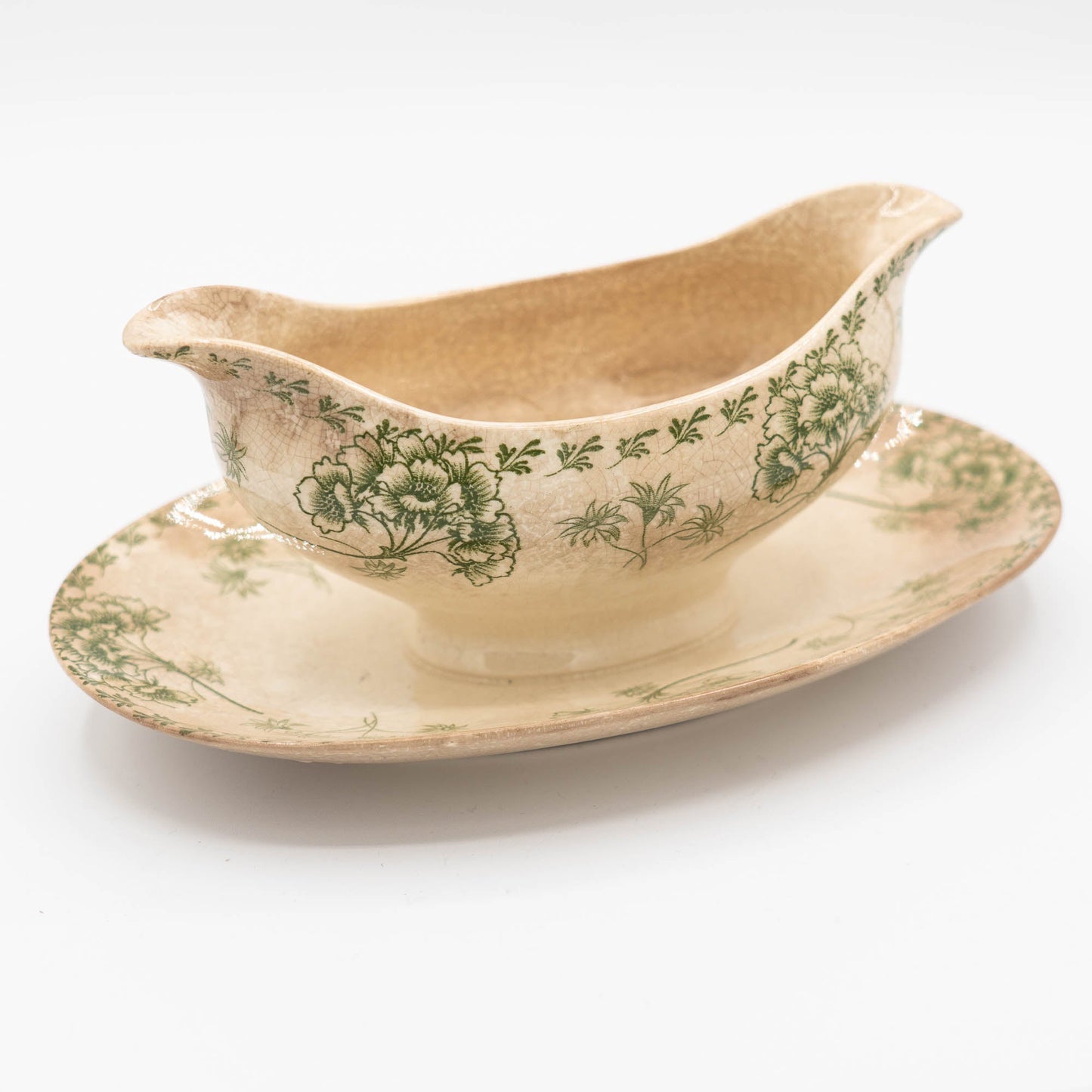 Antique Green Flowery Gravy Boat with Crazing - Sarreguemines - 1900s - The Vintage Tales