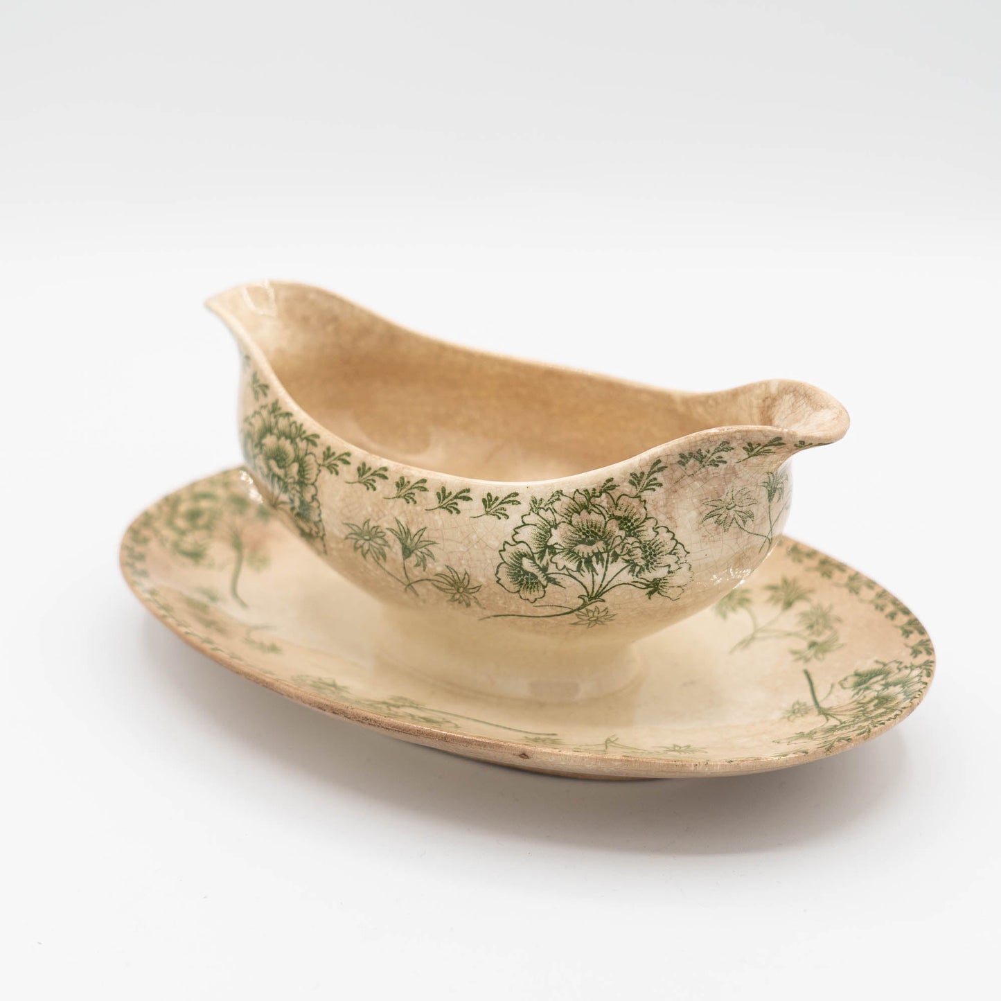 Antique Green Flowery Gravy Boat with Crazing - Sarreguemines - 1900s - The Vintage Tales