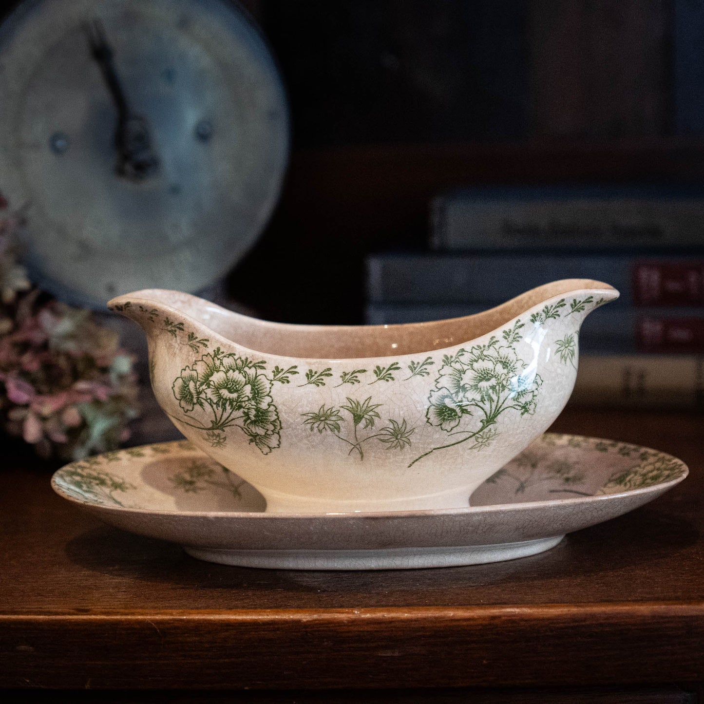 Antique Green Flowery Gravy Boat with Crazing - Sarreguemines - 1900s - The Vintage Tales