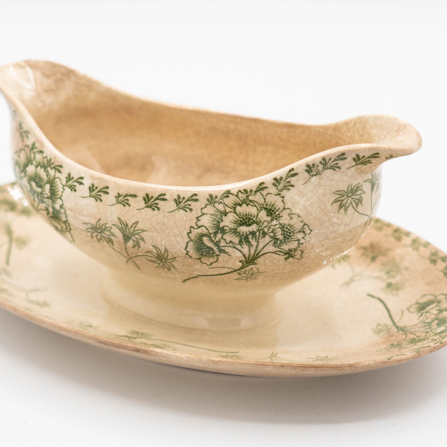 Antique Green Flowery Gravy Boat with Crazing - Sarreguemines - 1900s - The Vintage Tales