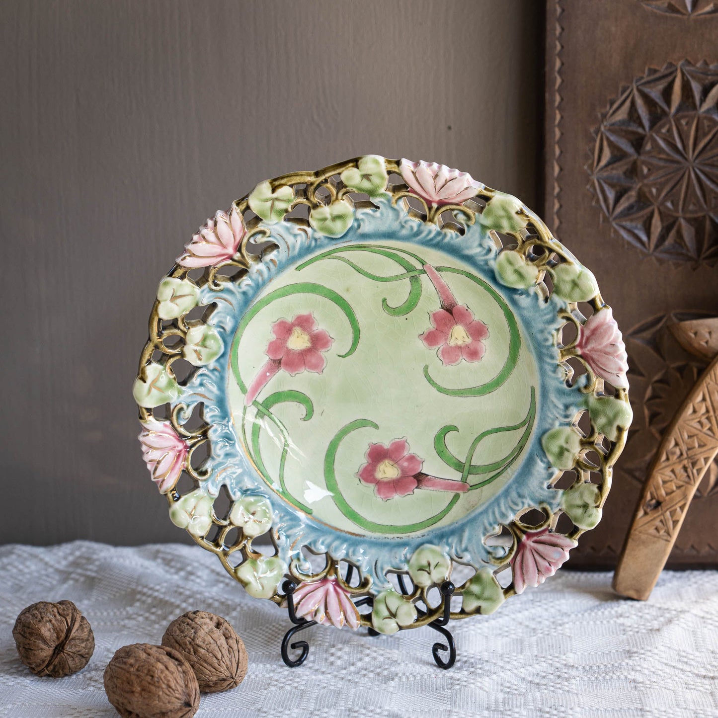 Antique Reticulated Art Nouveau Majolica Plate - RDZ Rudolf Ditmar Znaim - 1890s - The Vintage Tales