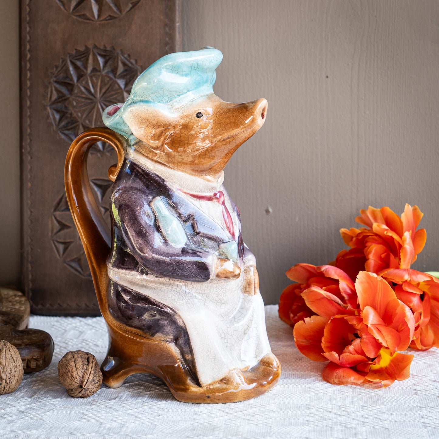 French Antique Barbotine Pig Pitcher - Onnaing - 1900s - The Vintage Tales