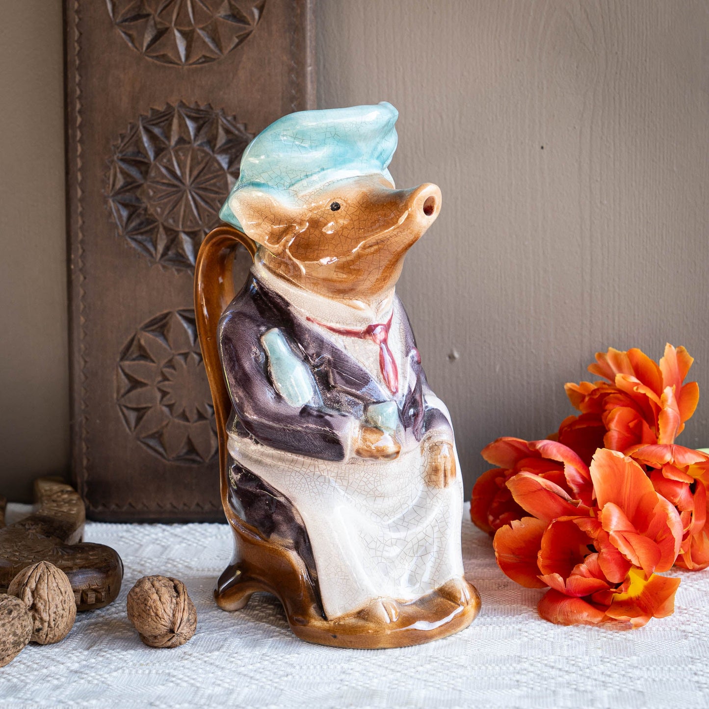 French Antique Barbotine Pig Pitcher - Onnaing - 1900s - The Vintage Tales