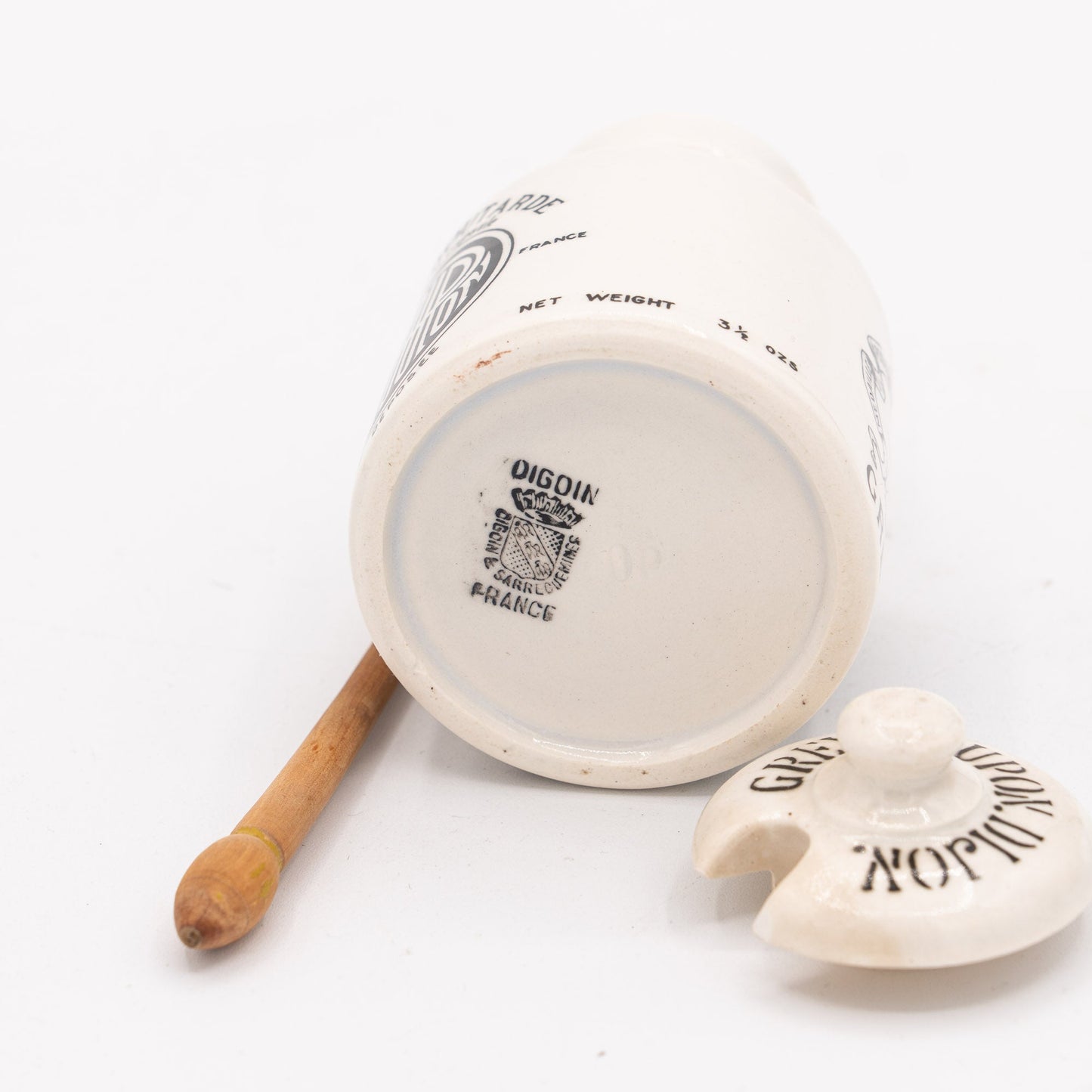 Grey - Poupon Dijon Mustard Pot (with Lid & Wooden Spoon) - Digoin–Sarreguemines - 1950 - 70s - Sugar Bowl - The Vintage Tales