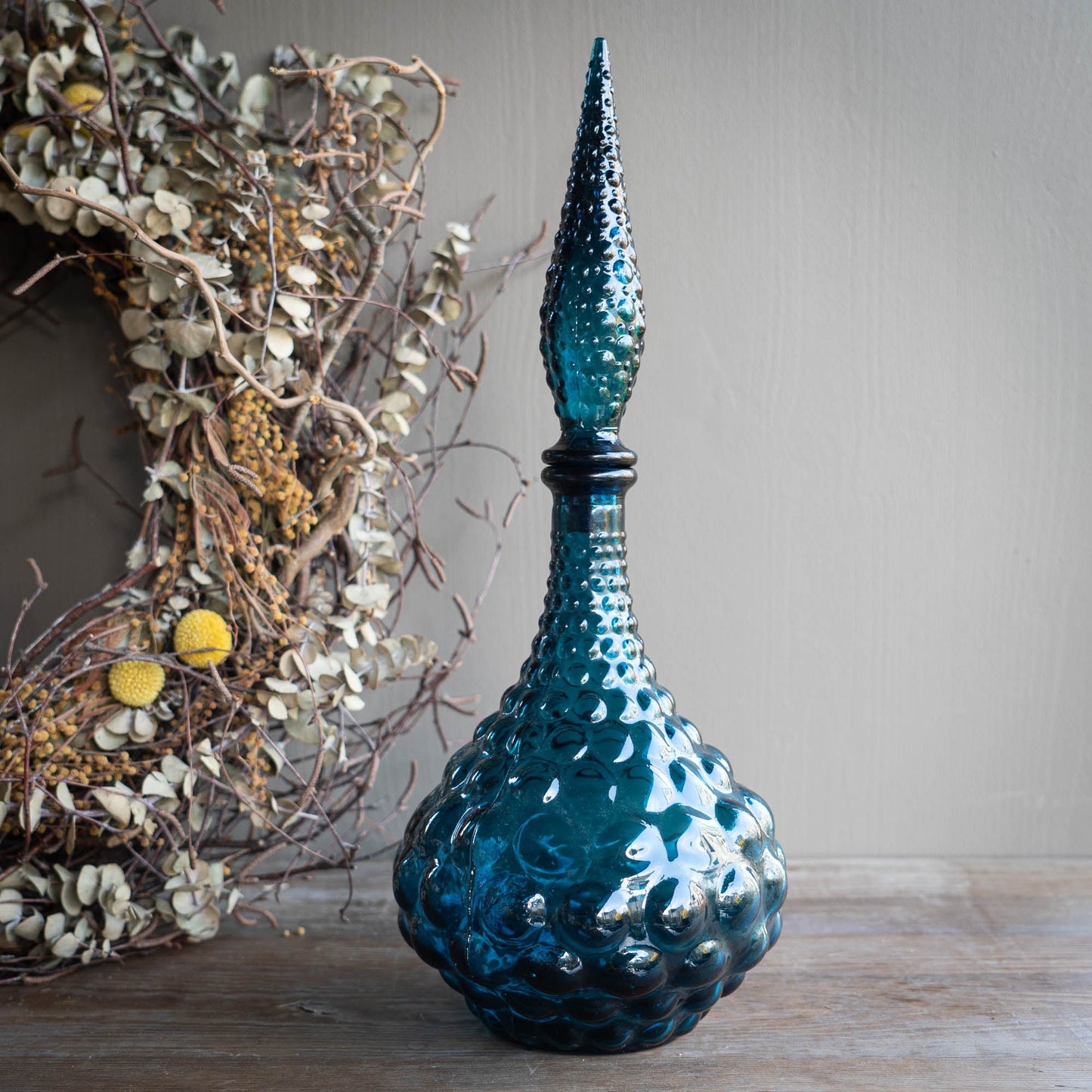 Large Blue Hobnail "Genie" Bottle - Empoli - 1960s - The Vintage Tales