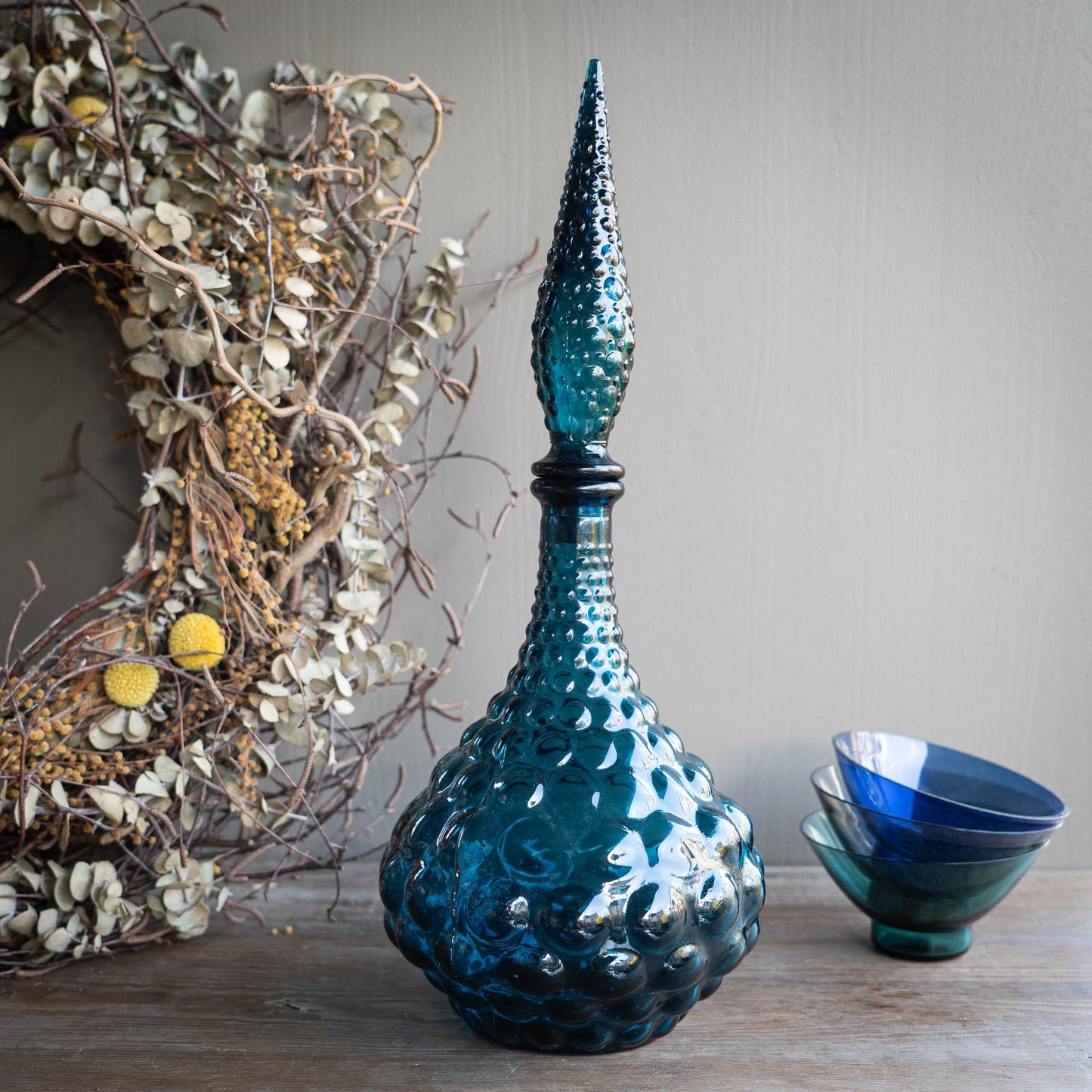 Large Blue Hobnail "Genie" Bottle - Empoli - 1960s - The Vintage Tales