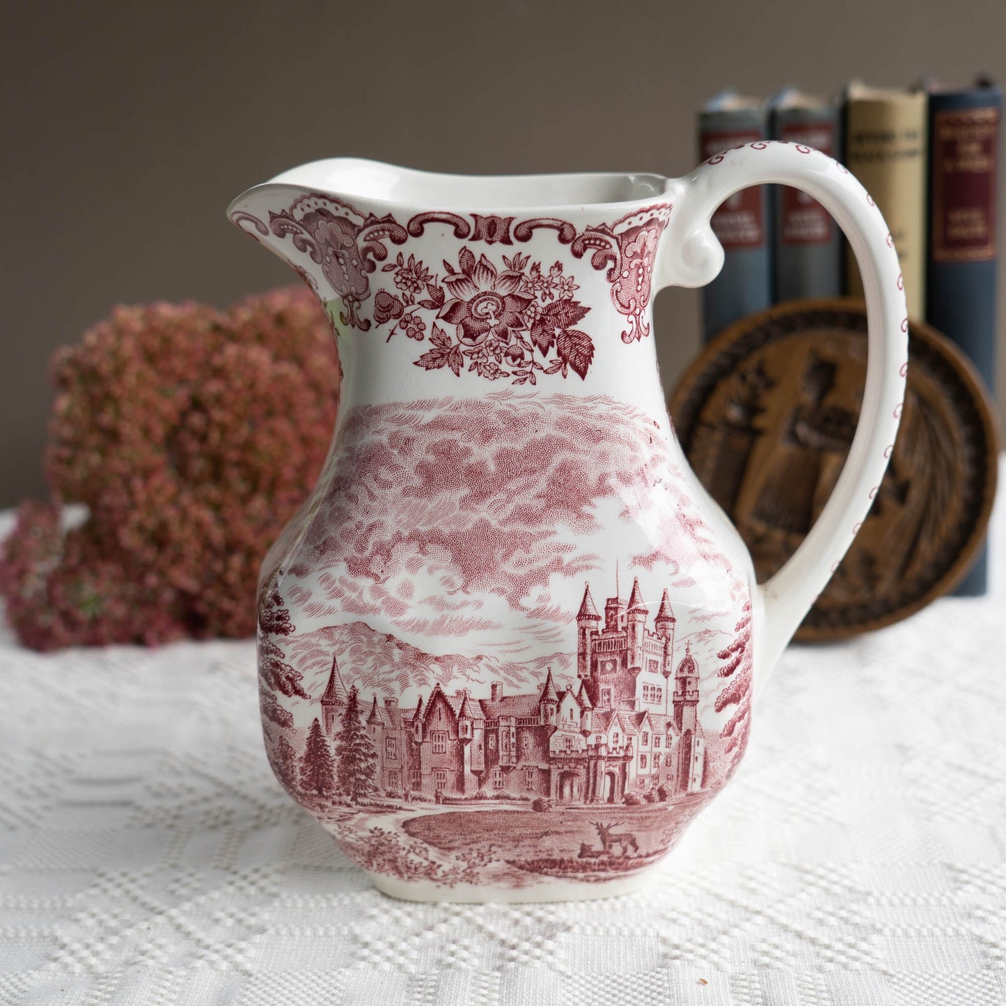 Large Red Transferware Pitcher - Royal Homes of Britain - Enoch Wedgwood - c1960s - Pitcher & Jugs - The Vintage Tales