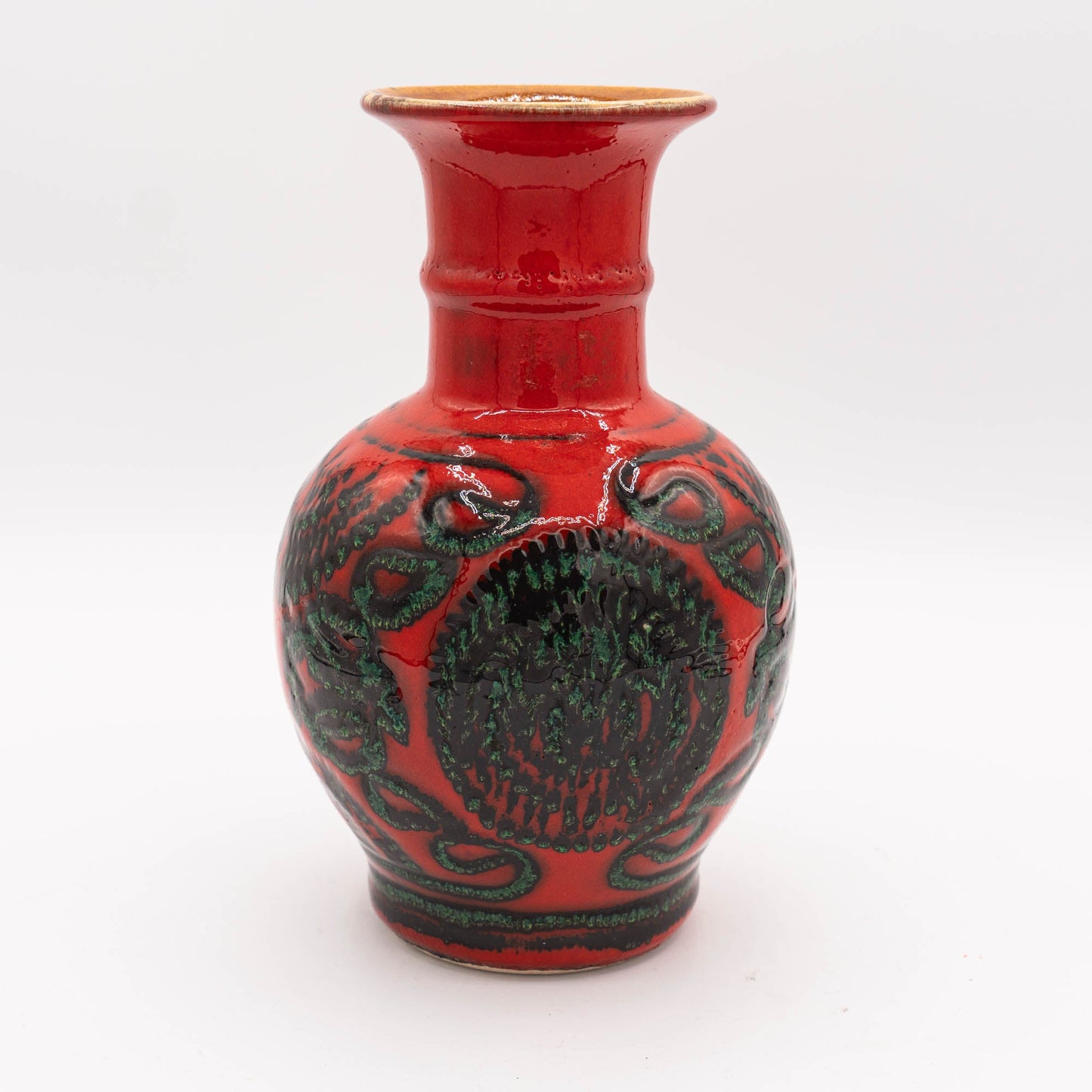 Vintage Red Vase with Floral Green Pattern - Bay Keramik - 68 - 20 - 1960s - Vase - The Vintage Tales