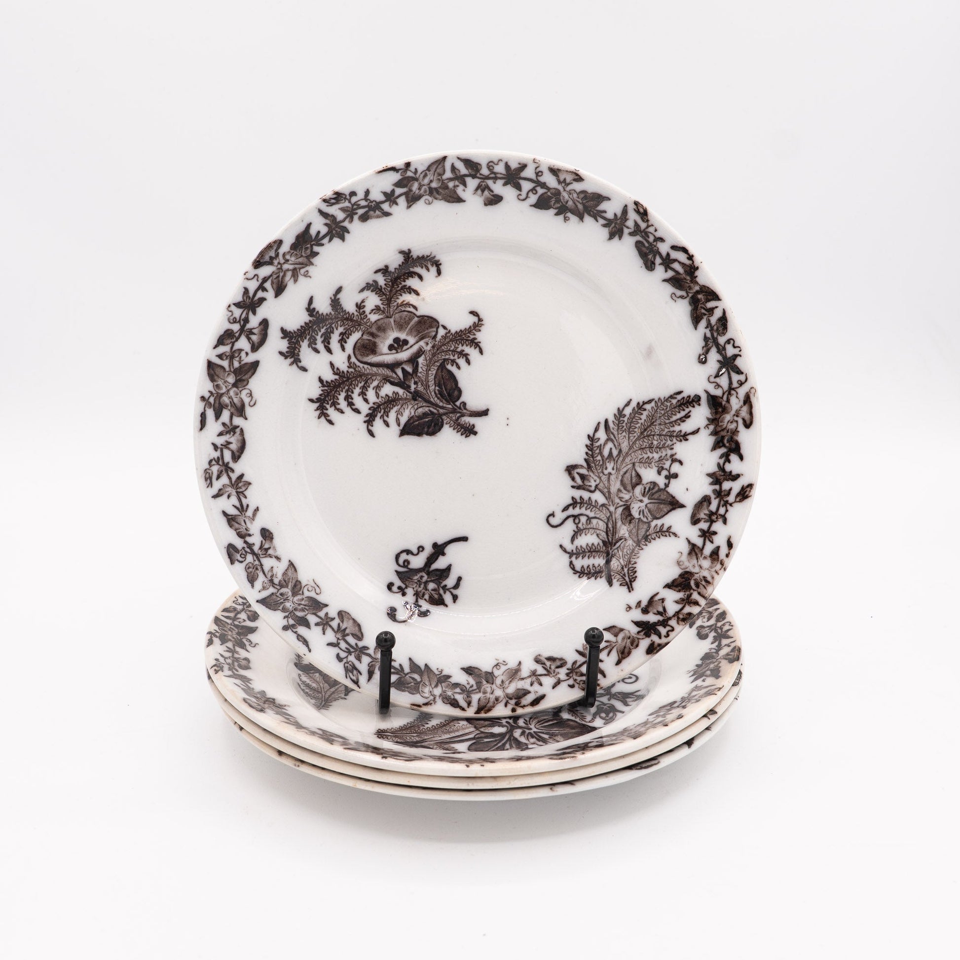 Antique 'Flow Brown' Plates - "Liseron" - FF Pexonne - Set of 4 - 1890s - Cake Plate - The Vintage Tales