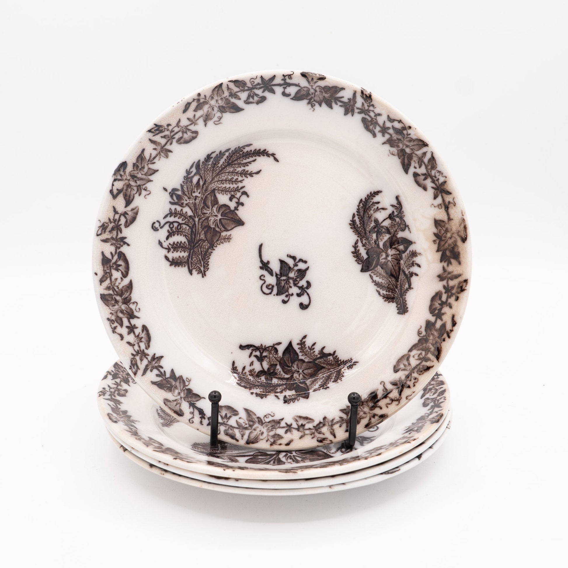 Antique 'Flow Brown' Plates - "Liseron" - FF Pexonne - Set of 4 - 1890s - Cake Plate - The Vintage Tales