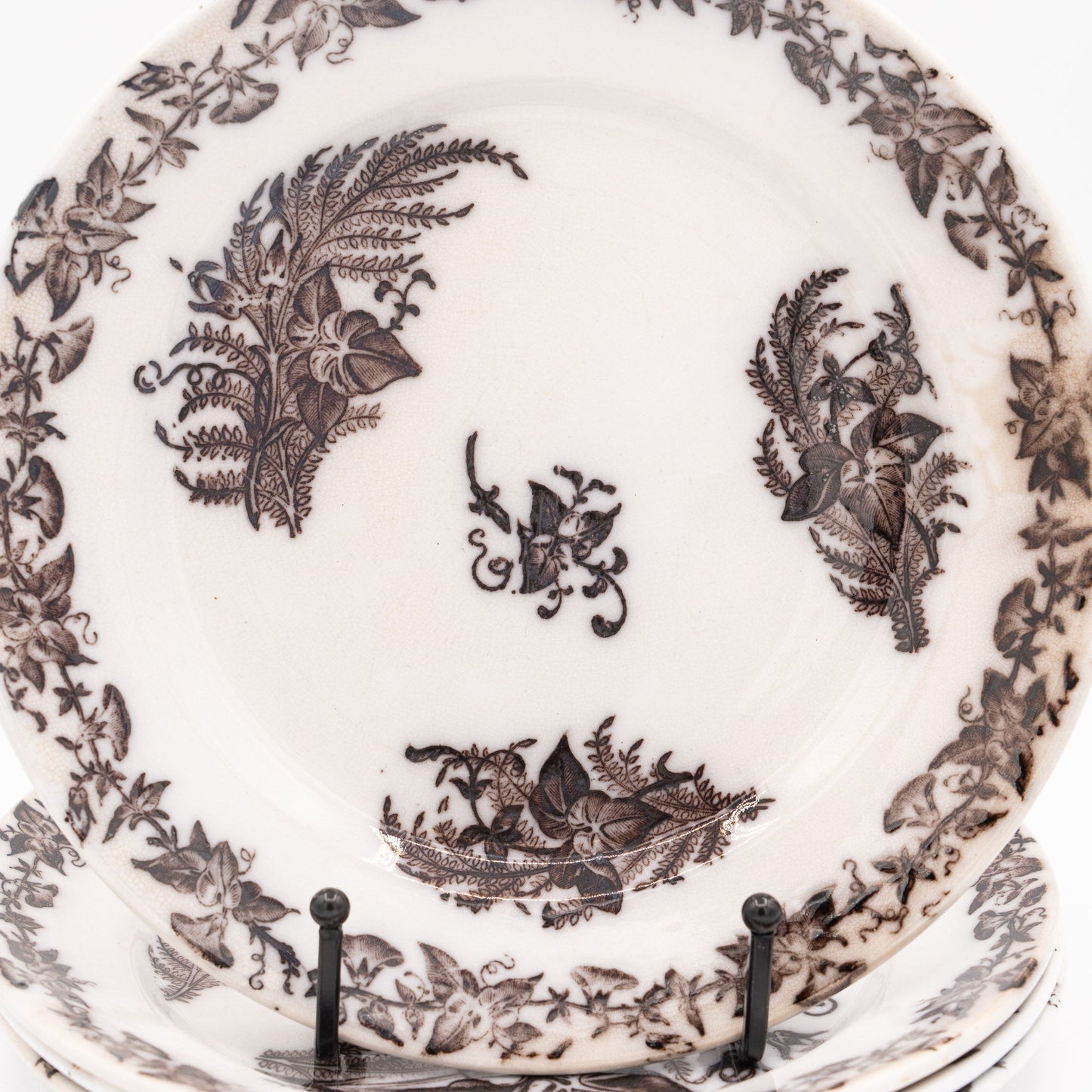 Antique 'Flow Brown' Plates - "Liseron" - FF Pexonne - Set of 4 - 1890s - Cake Plate - The Vintage Tales