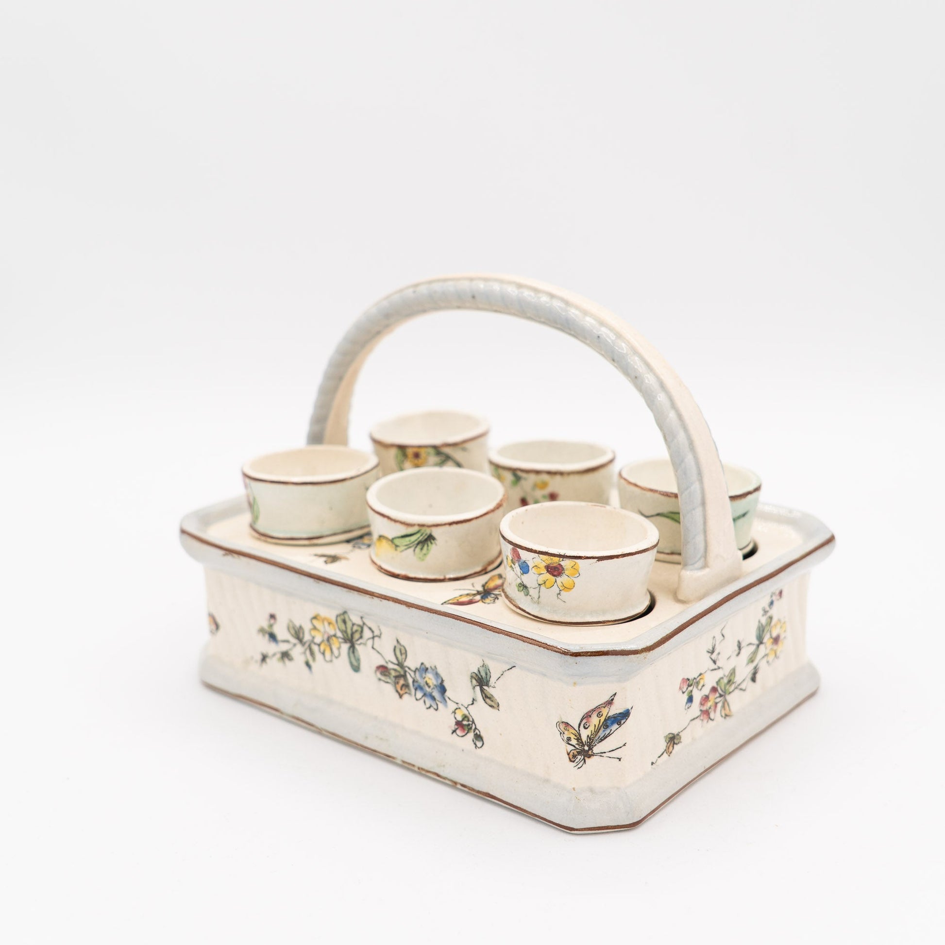 Antique French Egg Carrier with Six Hand - Painted Egg Cups - late 19th Century - Accents & Collectibles - The Vintage Tales
