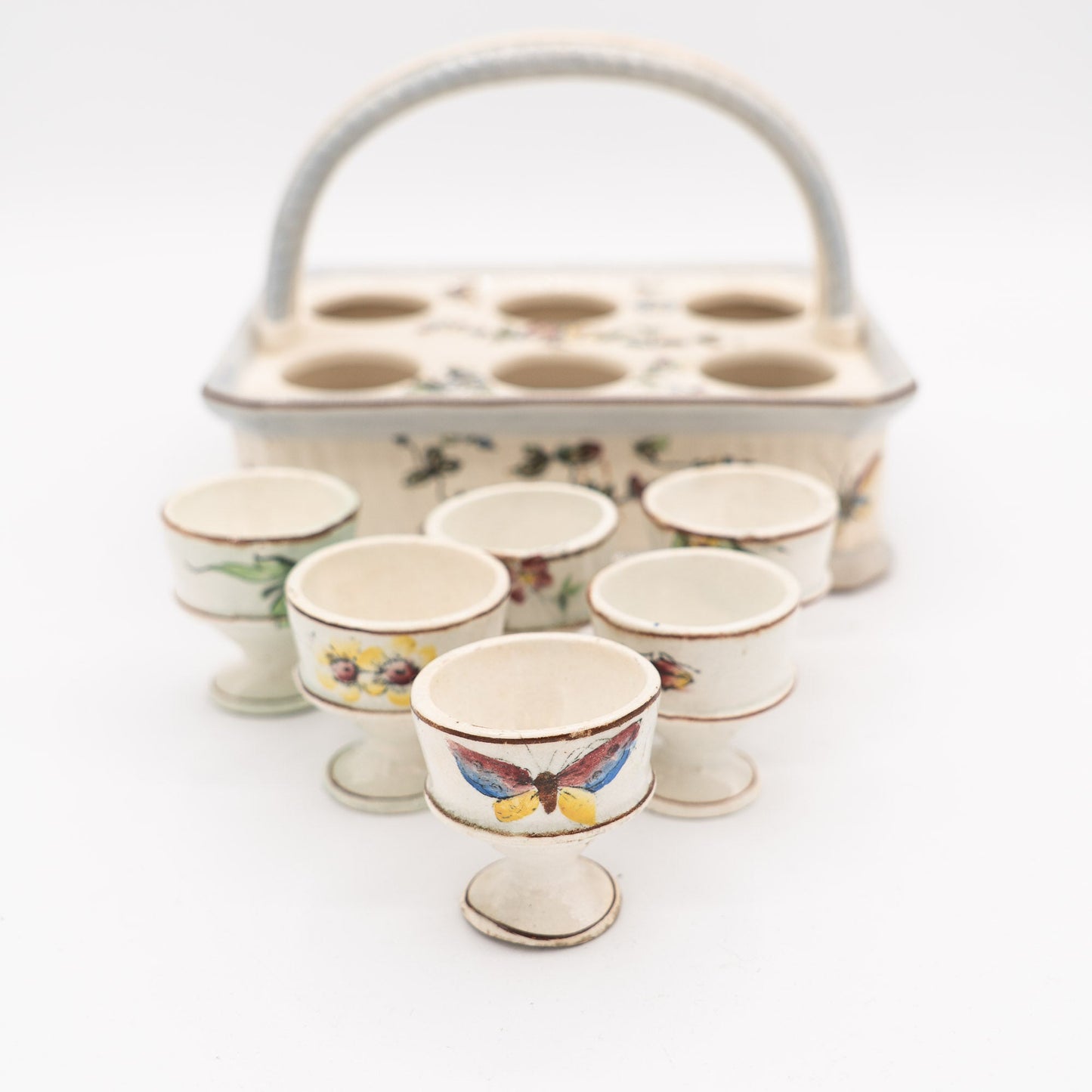 Antique French Egg Carrier with Six Hand - Painted Egg Cups - late 19th Century - Accents & Collectibles - The Vintage Tales