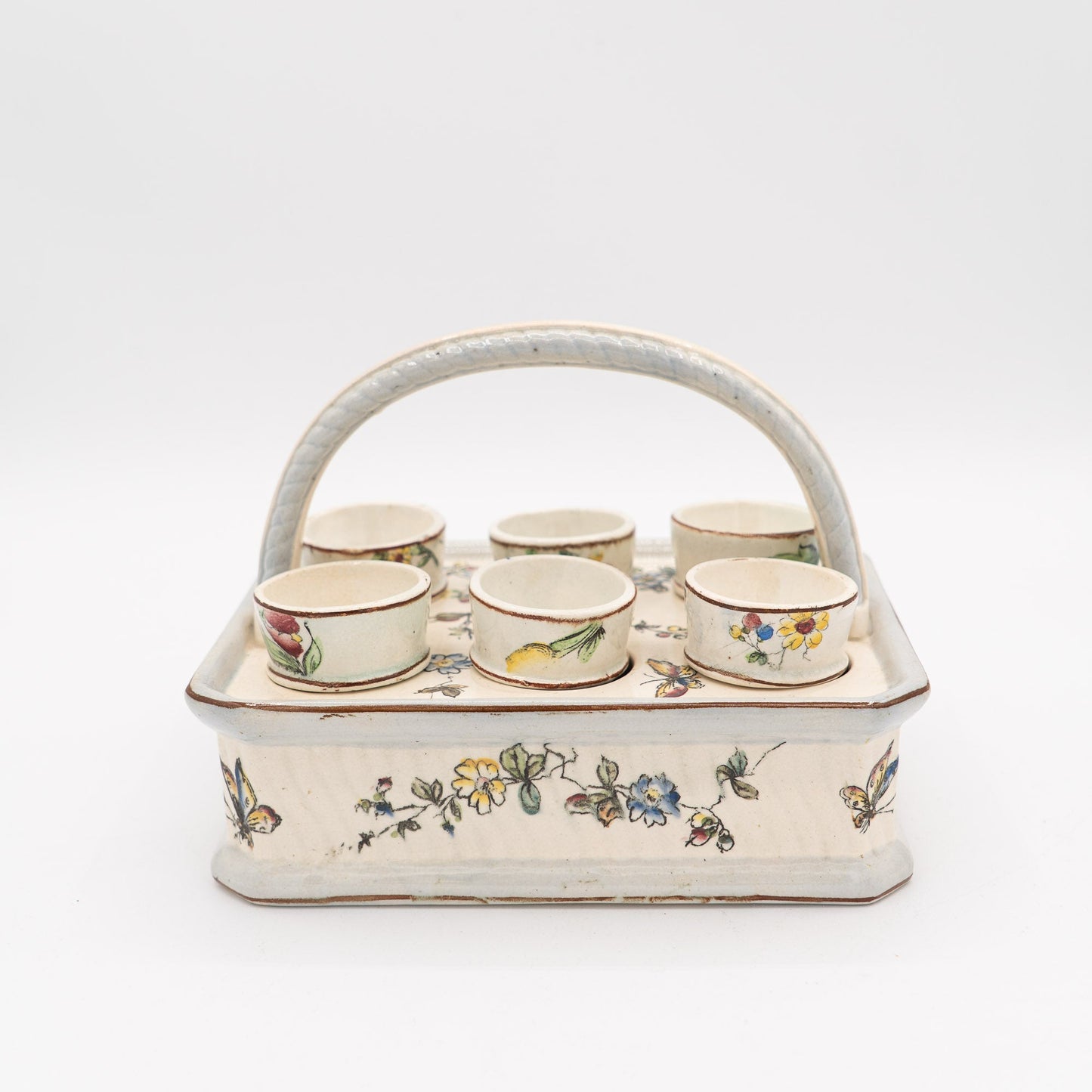 Antique French Egg Carrier with Six Hand - Painted Egg Cups - late 19th Century - Accents & Collectibles - The Vintage Tales