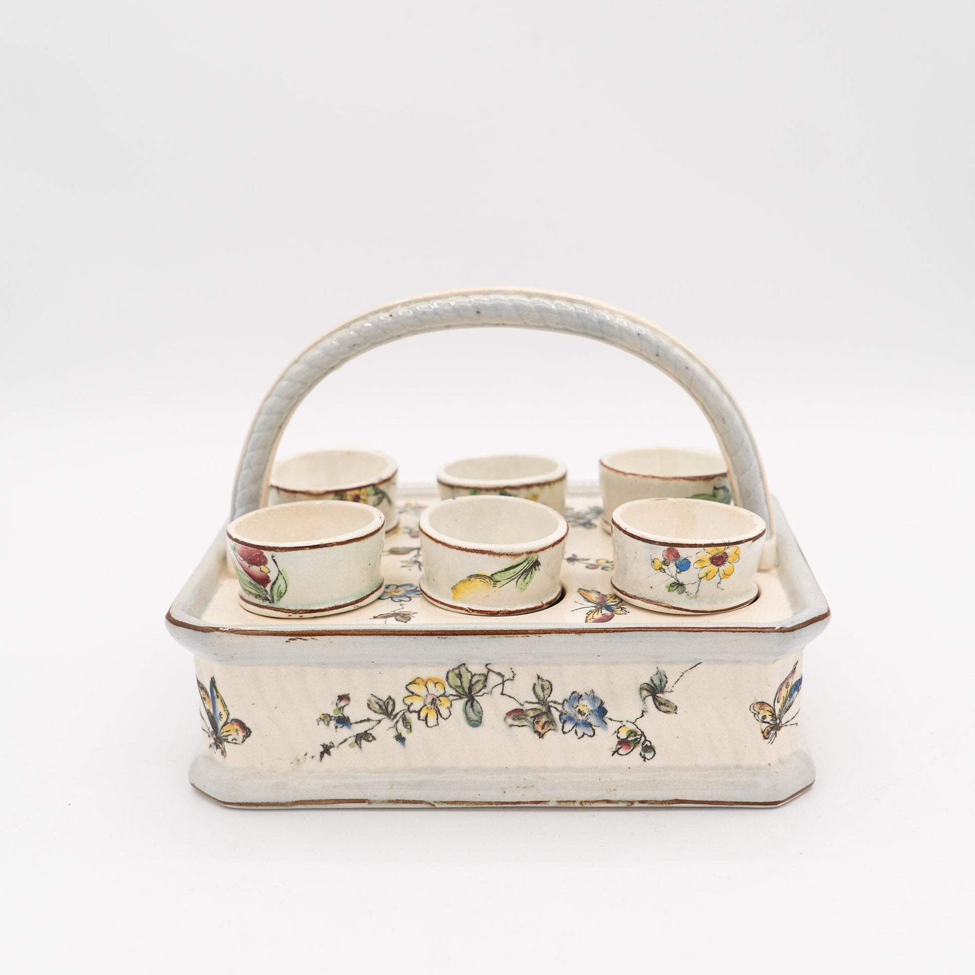 Antique French Egg Carrier with Six Hand - Painted Egg Cups - late 19th Century - Accents & Collectibles - The Vintage Tales