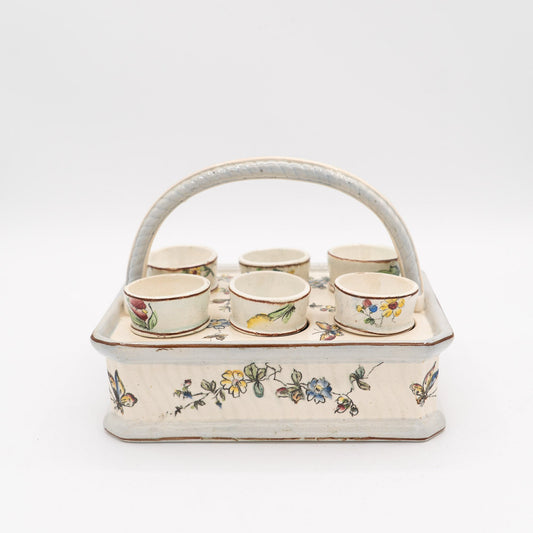 Antique French Egg Carrier with Six Hand - Painted Egg Cups - late 19th Century - Accents & Collectibles - The Vintage Tales