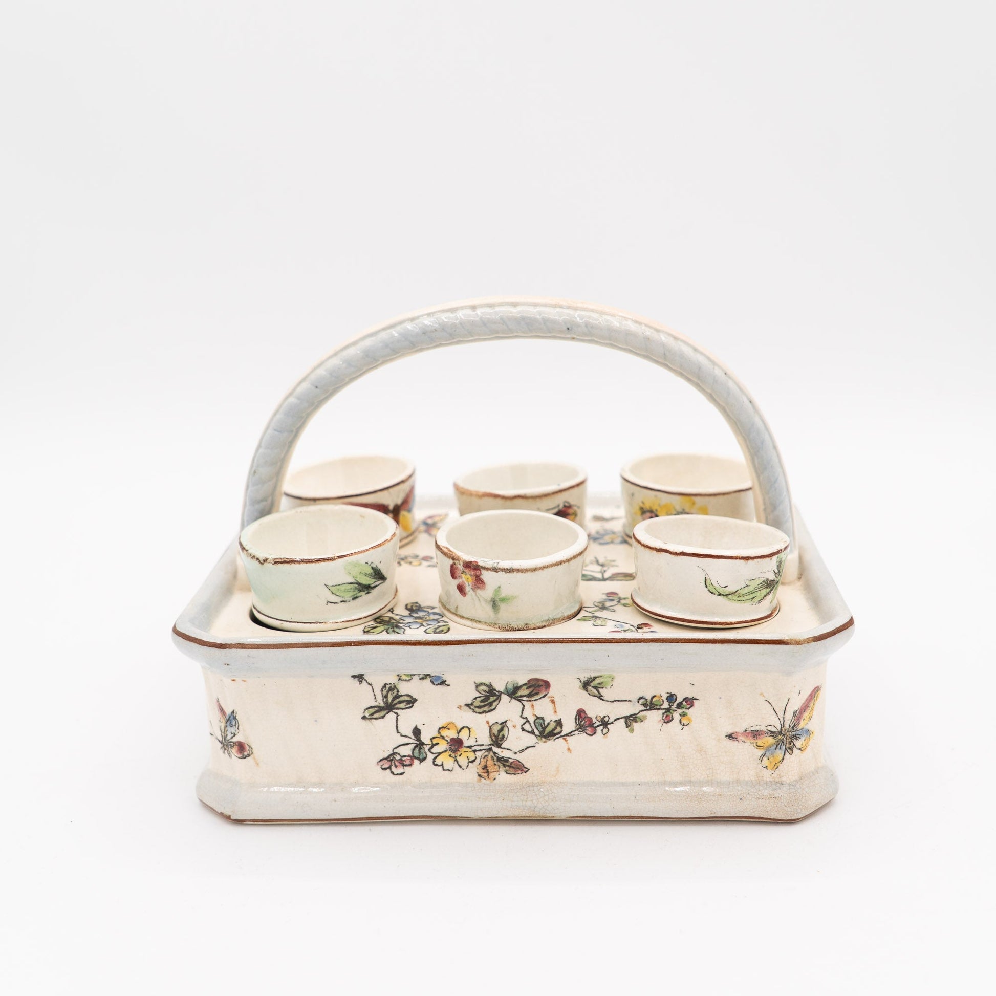 Antique French Egg Carrier with Six Hand - Painted Egg Cups - late 19th Century - Accents & Collectibles - The Vintage Tales