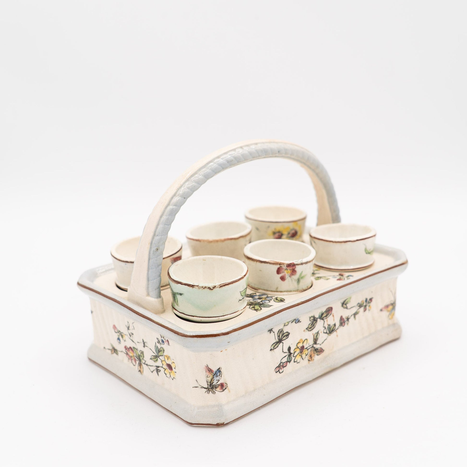 Antique French Egg Carrier with Six Hand - Painted Egg Cups - late 19th Century - Accents & Collectibles - The Vintage Tales