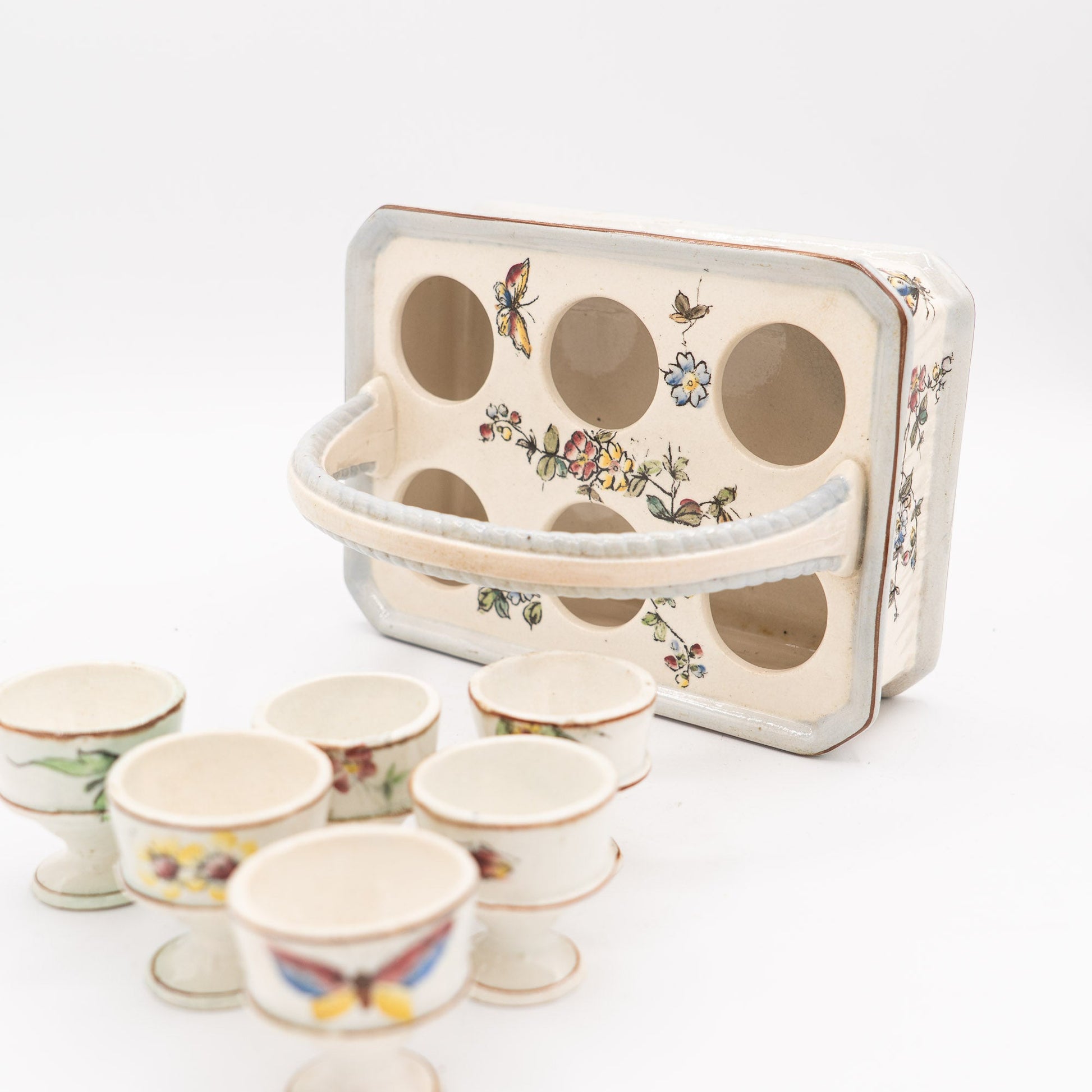 Antique French Egg Carrier with Six Hand - Painted Egg Cups - late 19th Century - Accents & Collectibles - The Vintage Tales