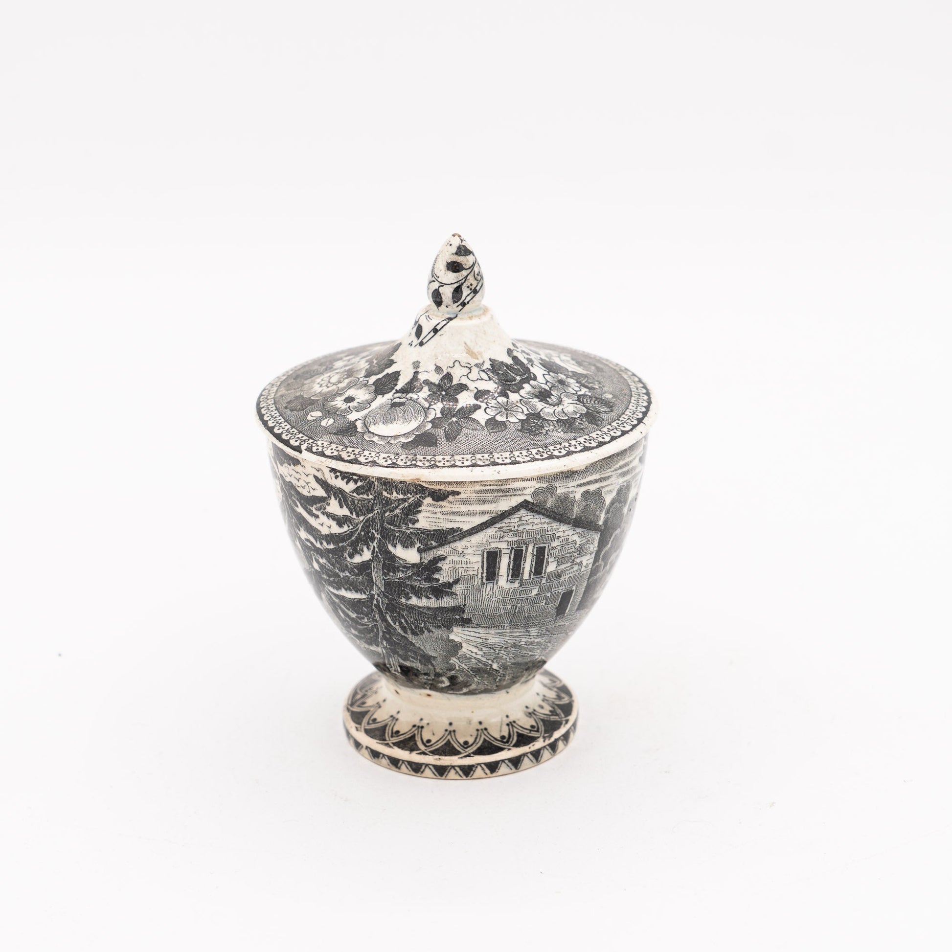Black Transferware Lidded Sucrier (Sugar) on Pedestal - Alpine Scene - Sarreguemines - c. mid - 19th Century - Sugar Bowl - The Vintage Tales