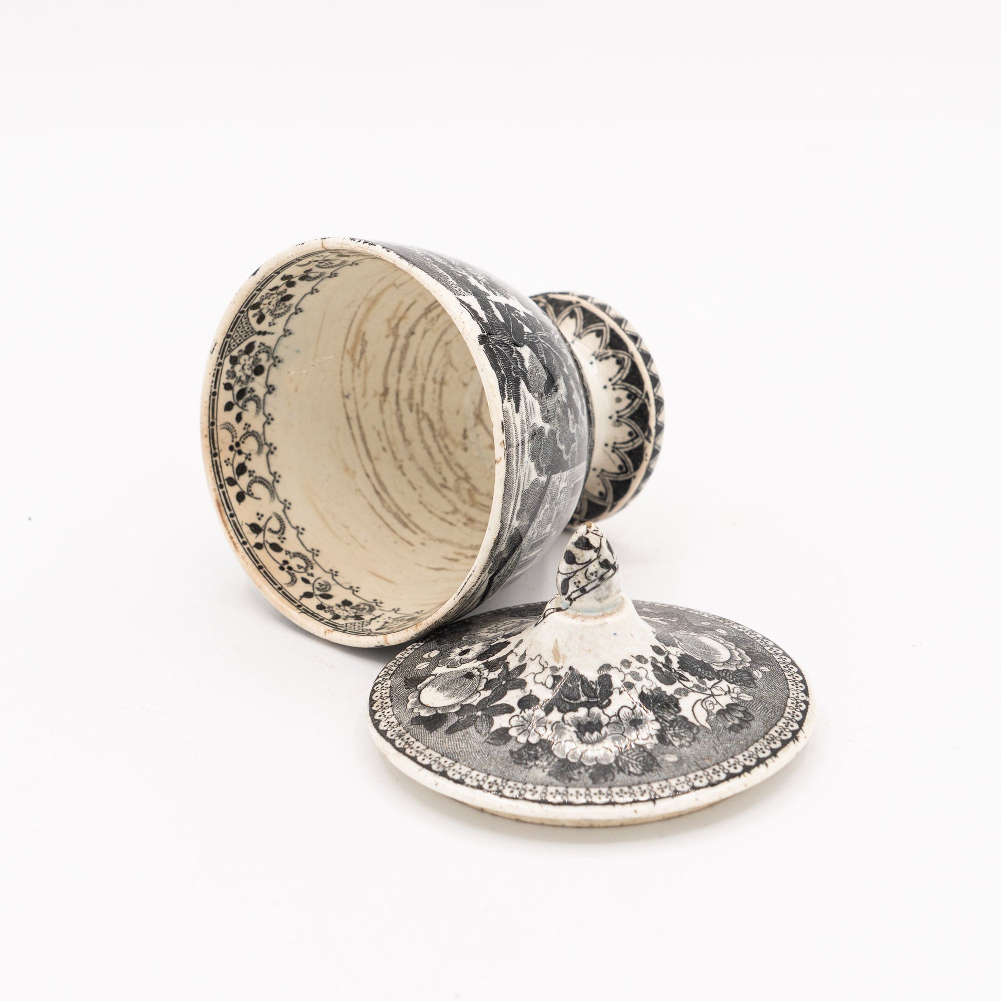 Black Transferware Lidded Sucrier (Sugar) on Pedestal - Alpine Scene - Sarreguemines - c. mid - 19th Century - Sugar Bowl - The Vintage Tales