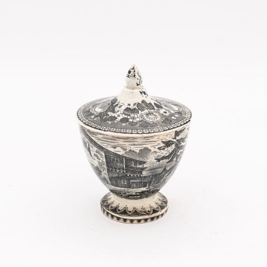 Black Transferware Lidded Sucrier (Sugar) on Pedestal - Alpine Scene - Sarreguemines - c. mid - 19th Century - Sugar Bowl - The Vintage Tales