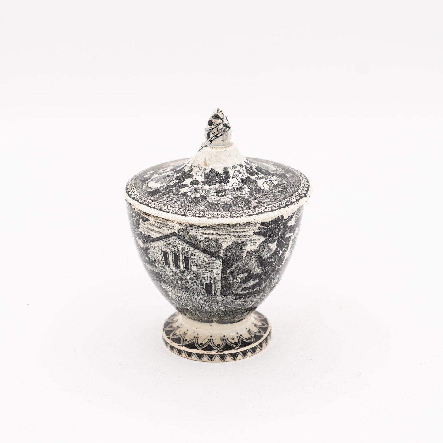 Black Transferware Lidded Sucrier (Sugar) on Pedestal - Alpine Scene - Sarreguemines - c. mid - 19th Century - Sugar Bowl - The Vintage Tales