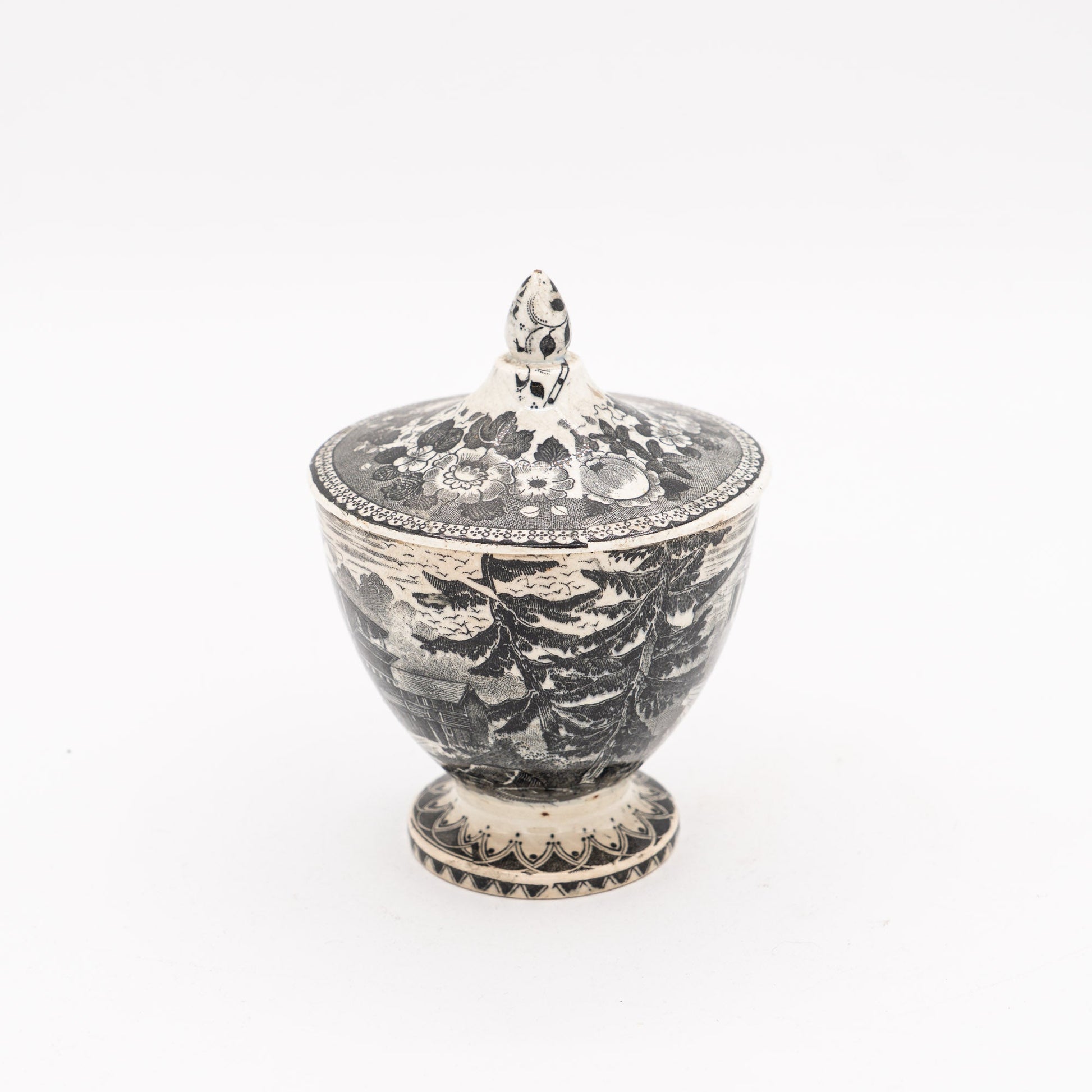 Black Transferware Lidded Sucrier (Sugar) on Pedestal - Alpine Scene - Sarreguemines - c. mid - 19th Century - Sugar Bowl - The Vintage Tales