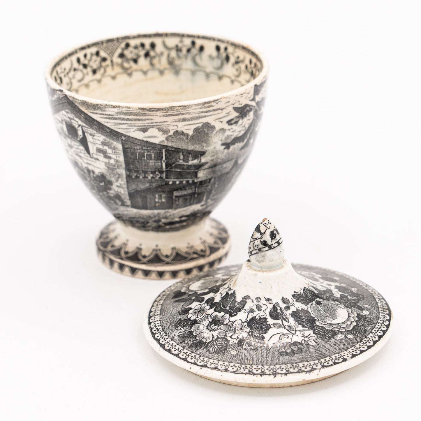 Black Transferware Lidded Sucrier (Sugar) on Pedestal - Alpine Scene - Sarreguemines - c. mid - 19th Century - Sugar Bowl - The Vintage Tales