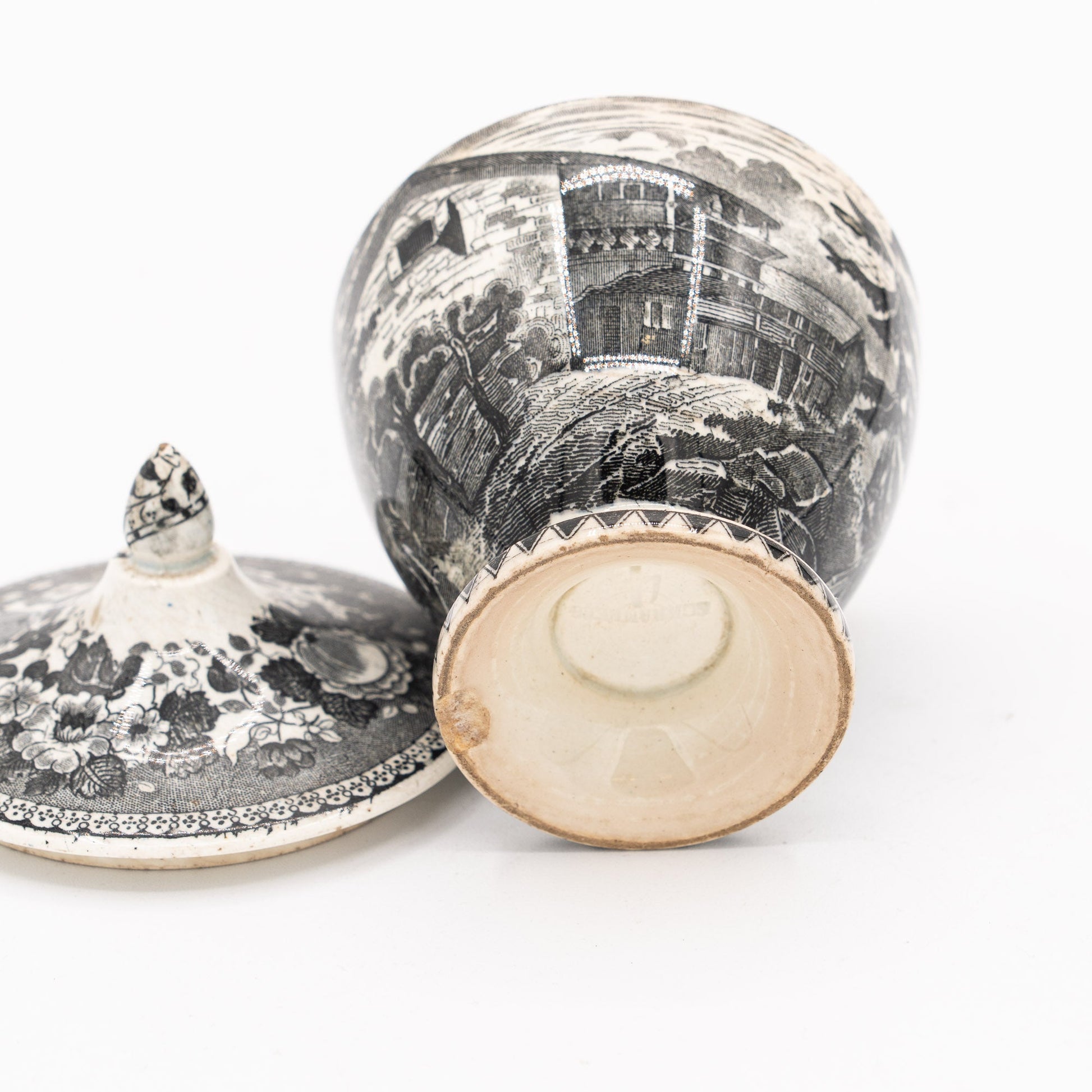 Black Transferware Lidded Sucrier (Sugar) on Pedestal - Alpine Scene - Sarreguemines - c. mid - 19th Century - Sugar Bowl - The Vintage Tales