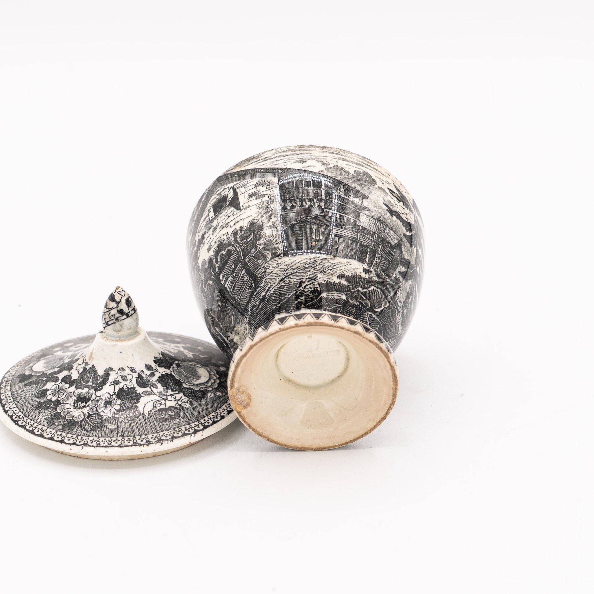 Black Transferware Lidded Sucrier (Sugar) on Pedestal - Alpine Scene - Sarreguemines - c. mid - 19th Century - Sugar Bowl - The Vintage Tales