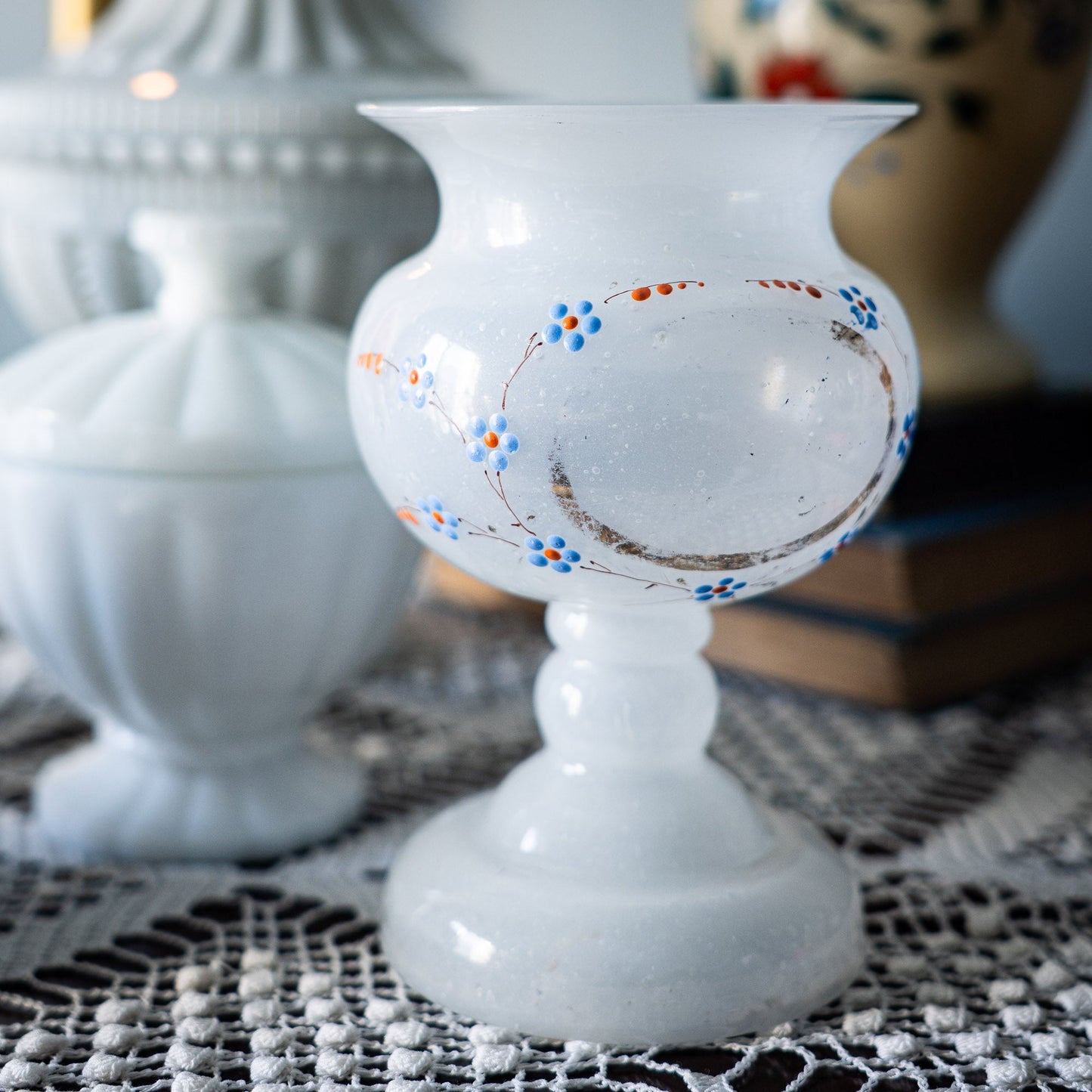 French Milk Glass Posy Vase - Forget - me - nots - 1880s - Accents & Collectibles - The Vintage Tales