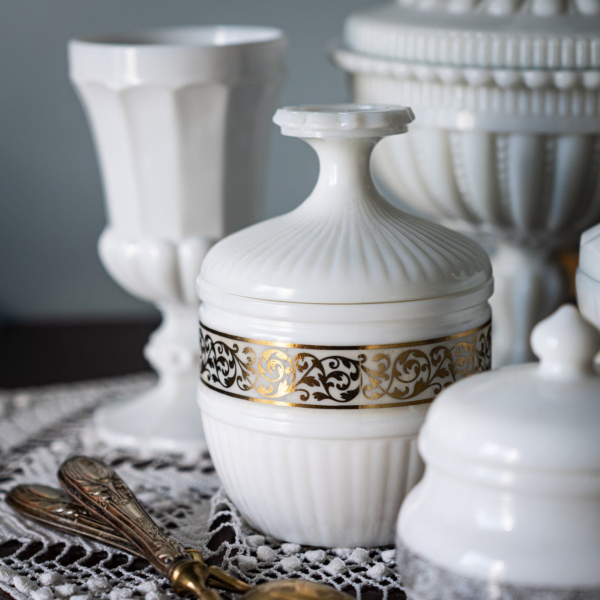 French Opaline Covered Jar with Gilt Scroll Frieze - 1910s - Candy - The Vintage Tales