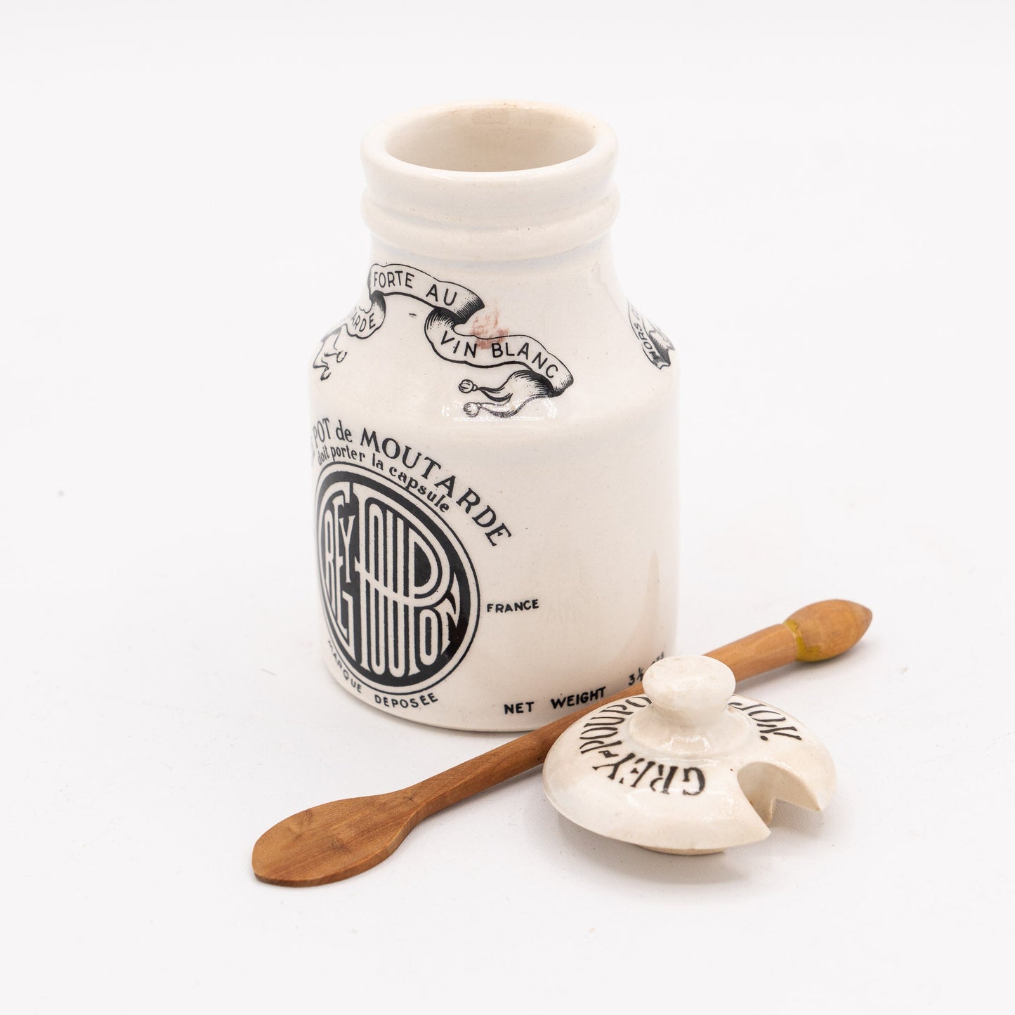 Grey - Poupon Dijon Mustard Pot (with Lid & Wooden Spoon) - Digoin–Sarreguemines - 1950 - 70s - Sugar Bowl - The Vintage Tales