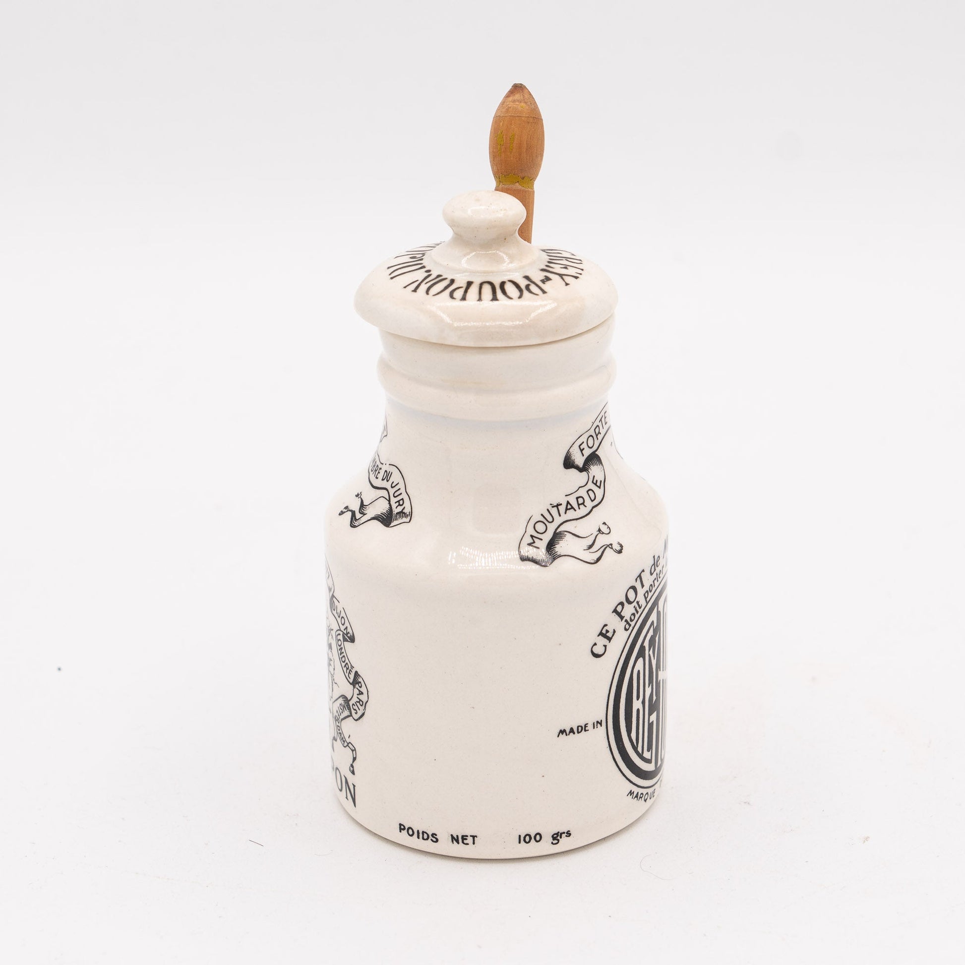 Grey - Poupon Dijon Mustard Pot (with Lid & Wooden Spoon) - Digoin–Sarreguemines - 1950 - 70s - Sugar Bowl - The Vintage Tales