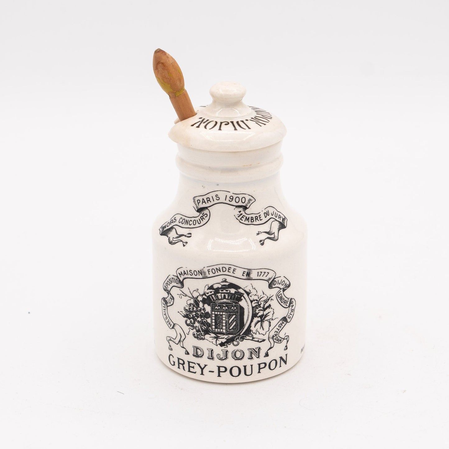Grey - Poupon Dijon Mustard Pot (with Lid & Wooden Spoon) - Digoin–Sarreguemines - 1950 - 70s - Sugar Bowl - The Vintage Tales