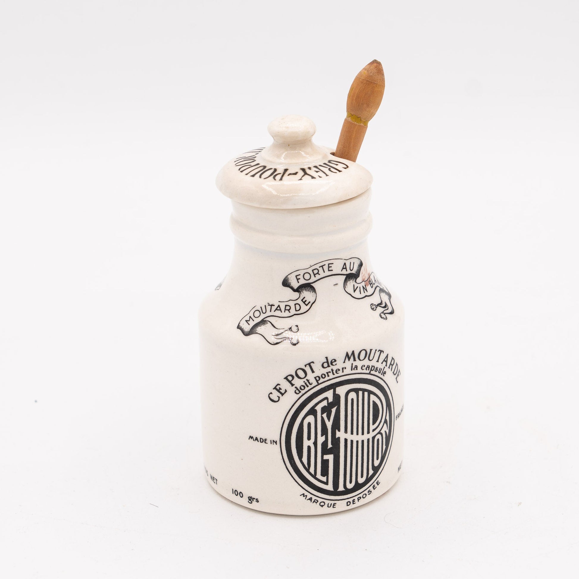 Grey - Poupon Dijon Mustard Pot (with Lid & Wooden Spoon) - Digoin–Sarreguemines - 1950 - 70s - Sugar Bowl - The Vintage Tales